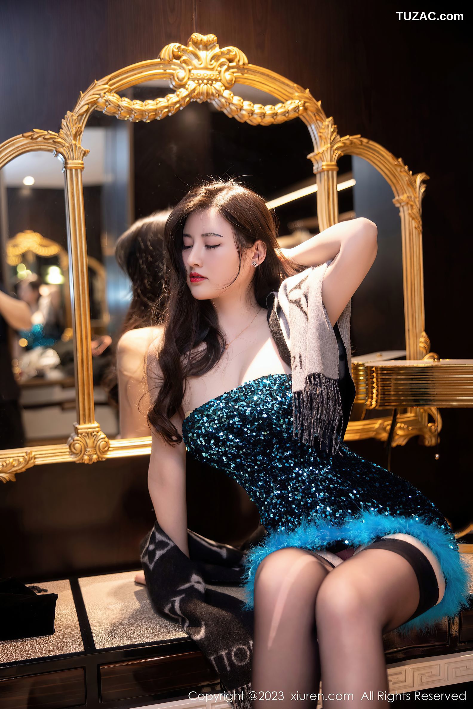 XiuRen秀人网-6384-诗诗kiki-蓝黑肩连衣短裙黑色蕾丝内衣-2023.03.08