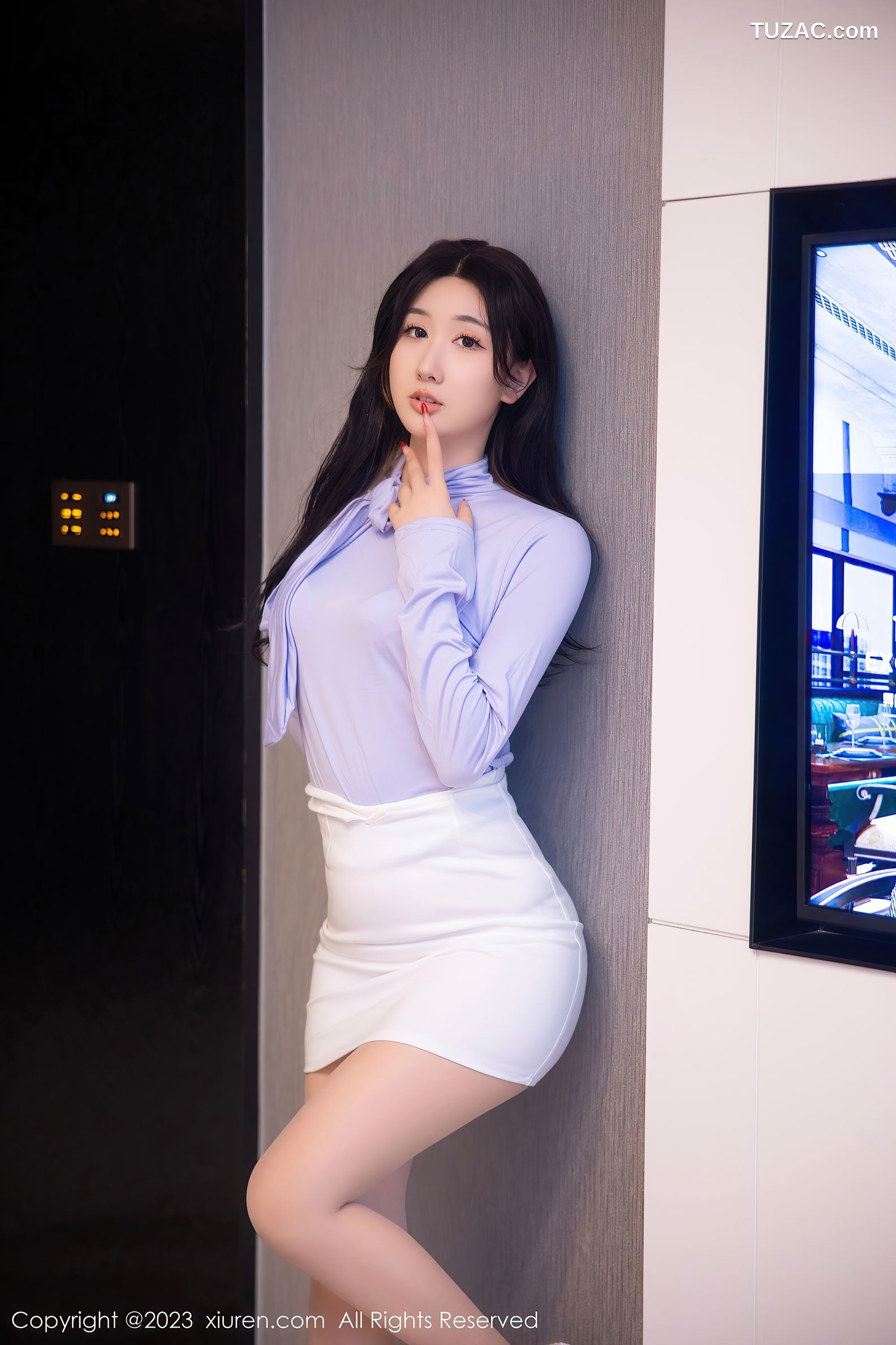 XiuRen秀人网-6389-江真真-浅紫上衣白短裙白色蕾丝内衣-2023.03.09