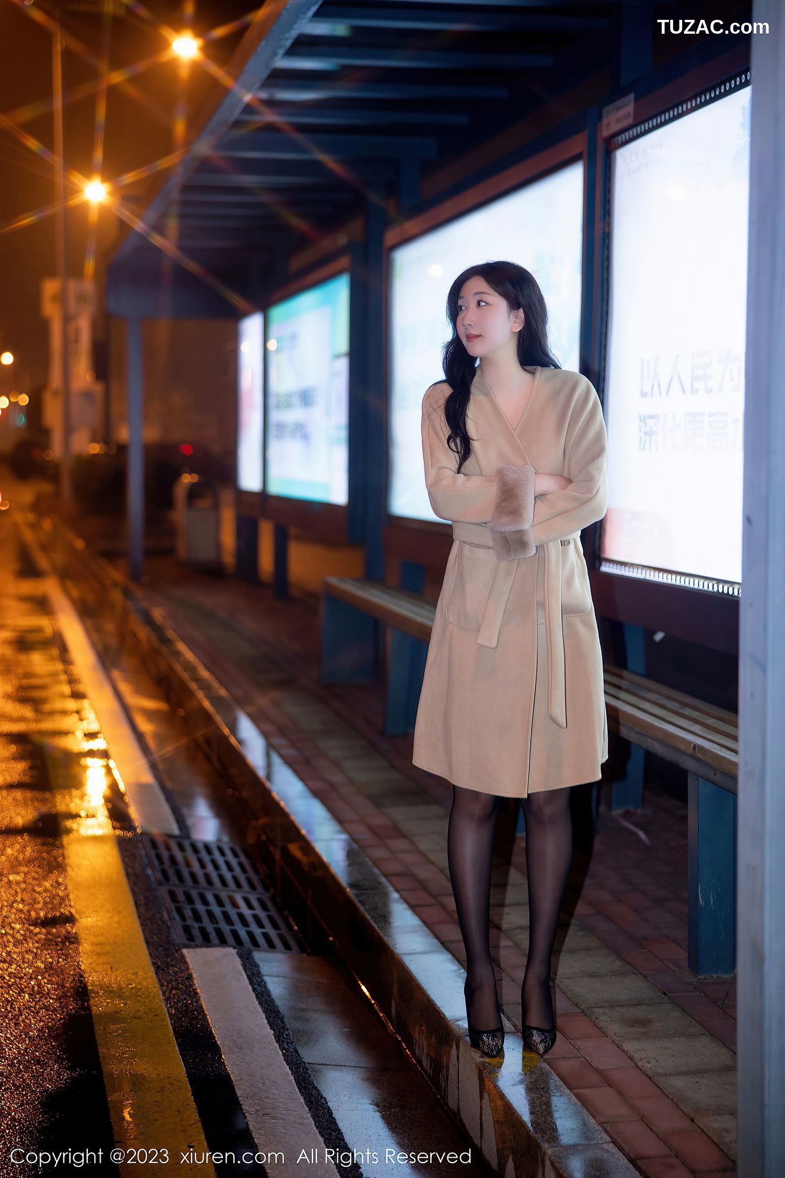 XiuRen秀人网-6424-江真真-米色外套蕾丝内衣黑丝吊带袜-2023.03.16