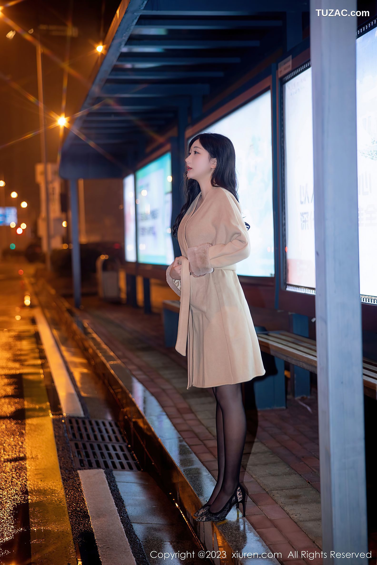 XiuRen秀人网-6424-江真真-米色外套蕾丝内衣黑丝吊带袜-2023.03.16