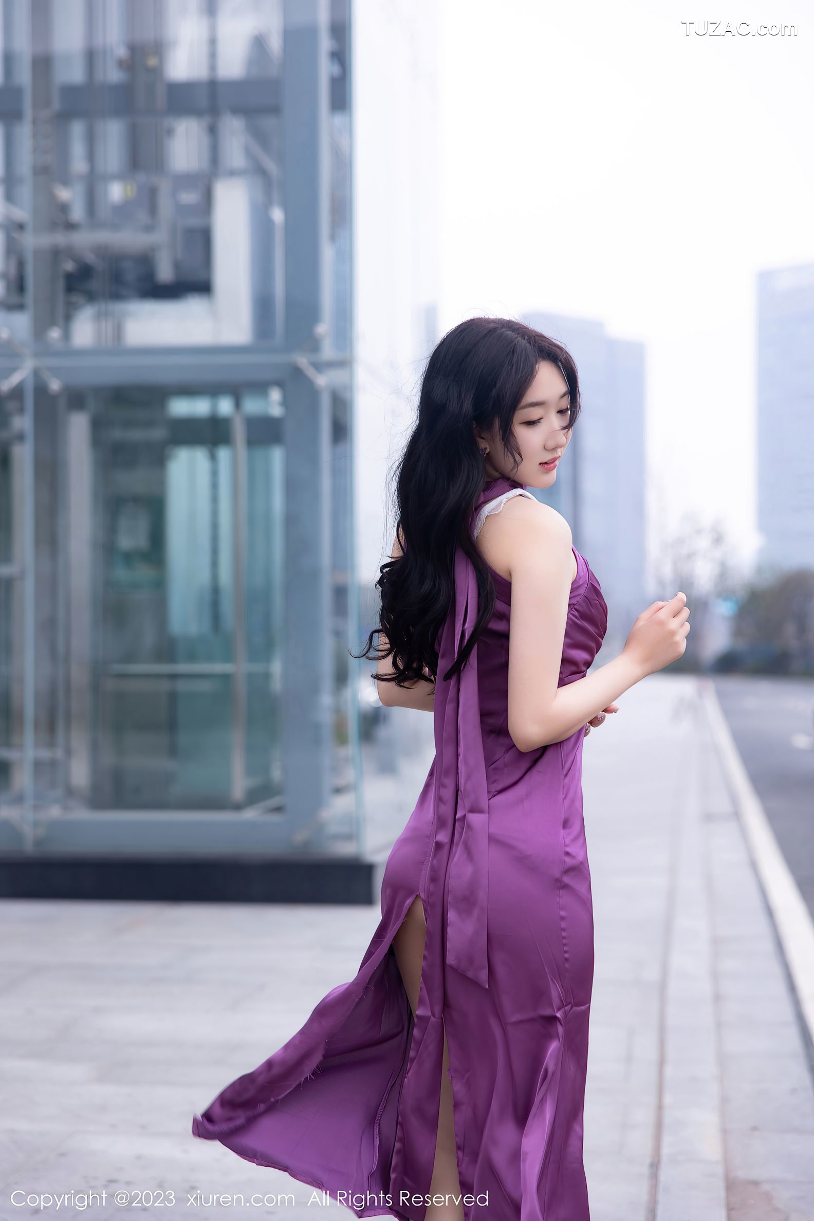 XiuRen秀人网-6462-江真真-紫色连衣长裙白色蕾丝内衣-2023.03.23