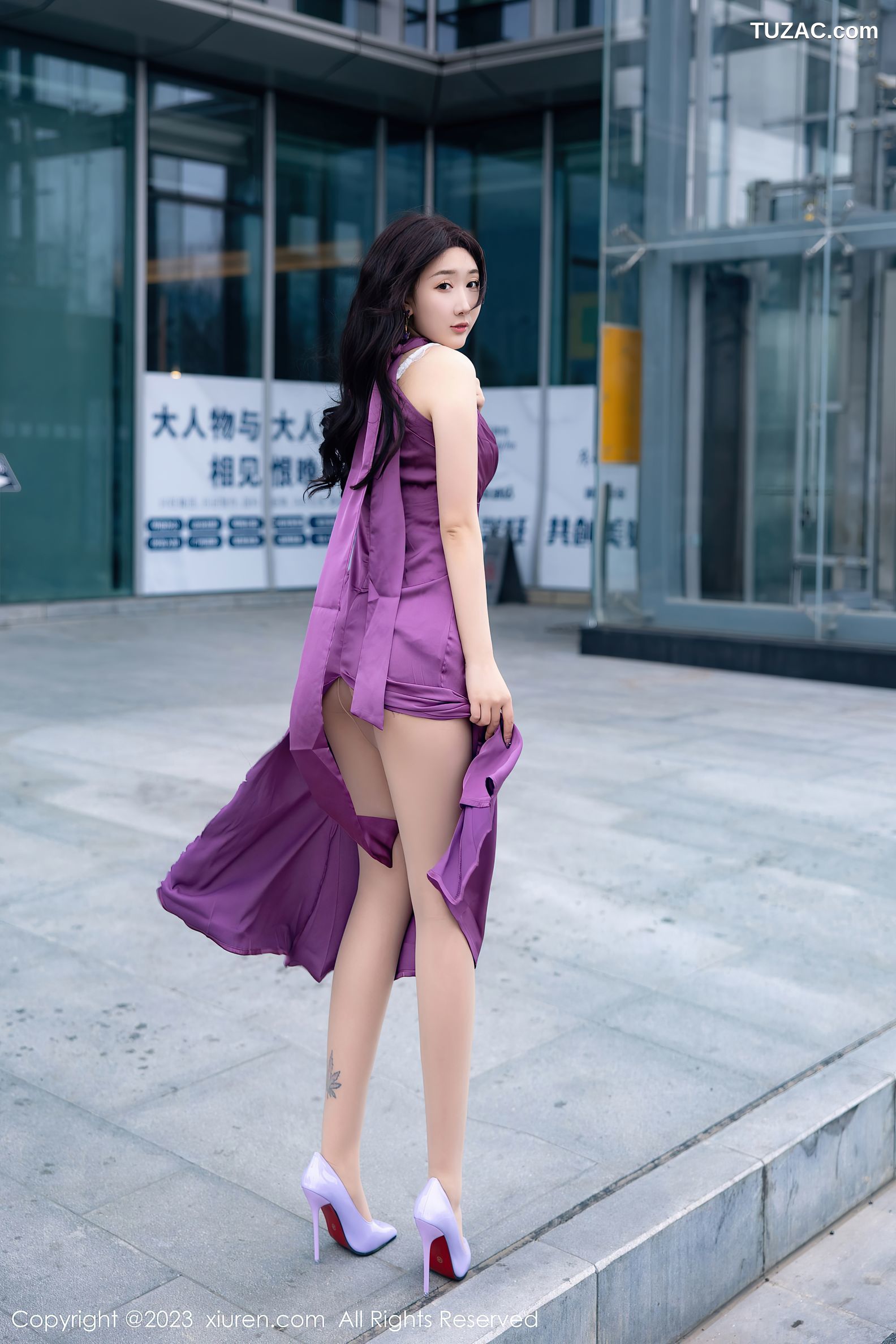 XiuRen秀人网-6462-江真真-紫色连衣长裙白色蕾丝内衣-2023.03.23