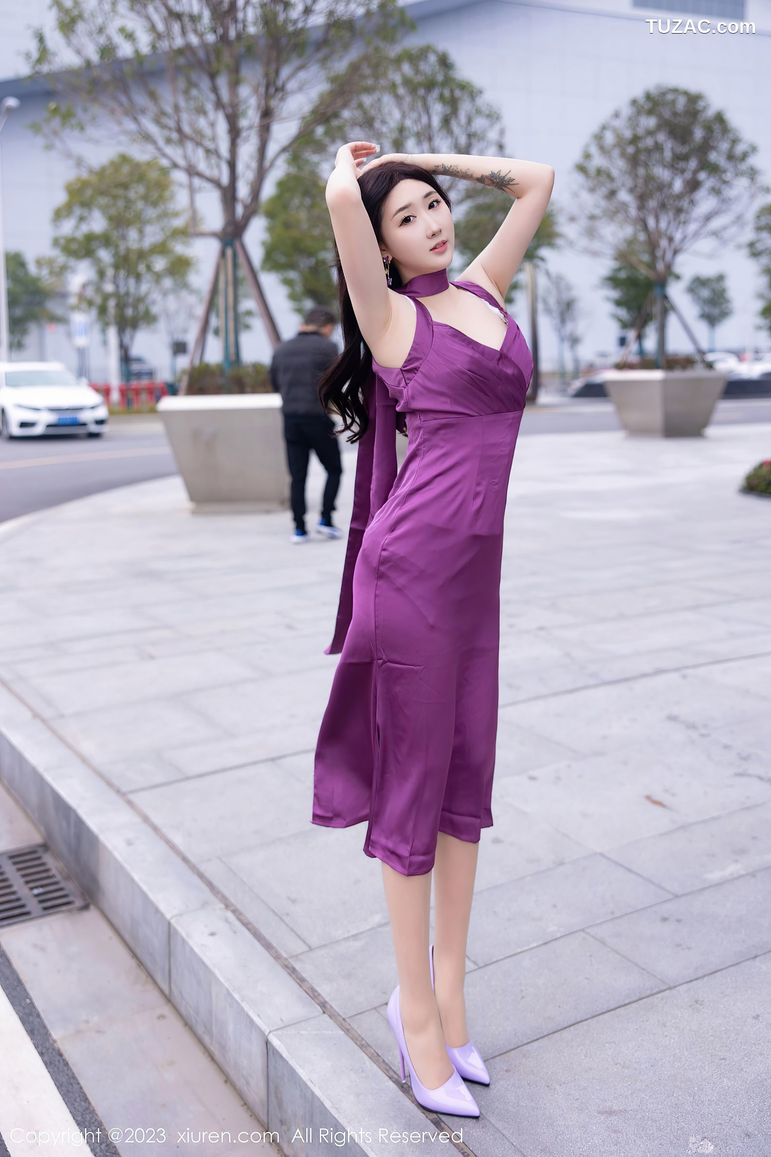 XiuRen秀人网-6462-江真真-紫色连衣长裙白色蕾丝内衣-2023.03.23