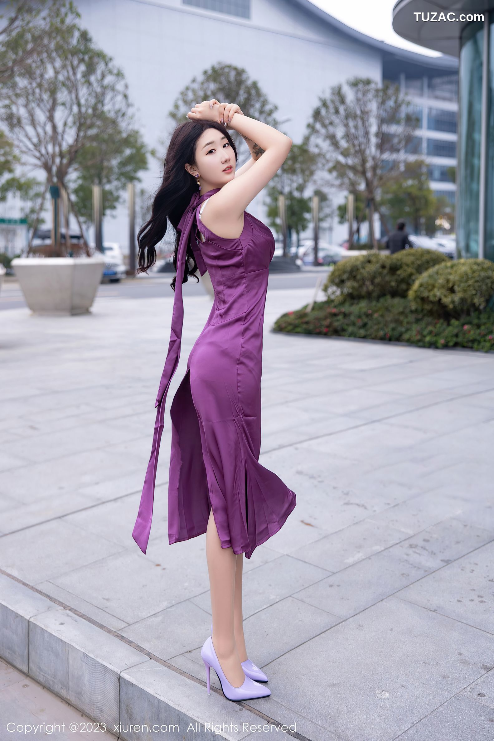 XiuRen秀人网-6462-江真真-紫色连衣长裙白色蕾丝内衣-2023.03.23