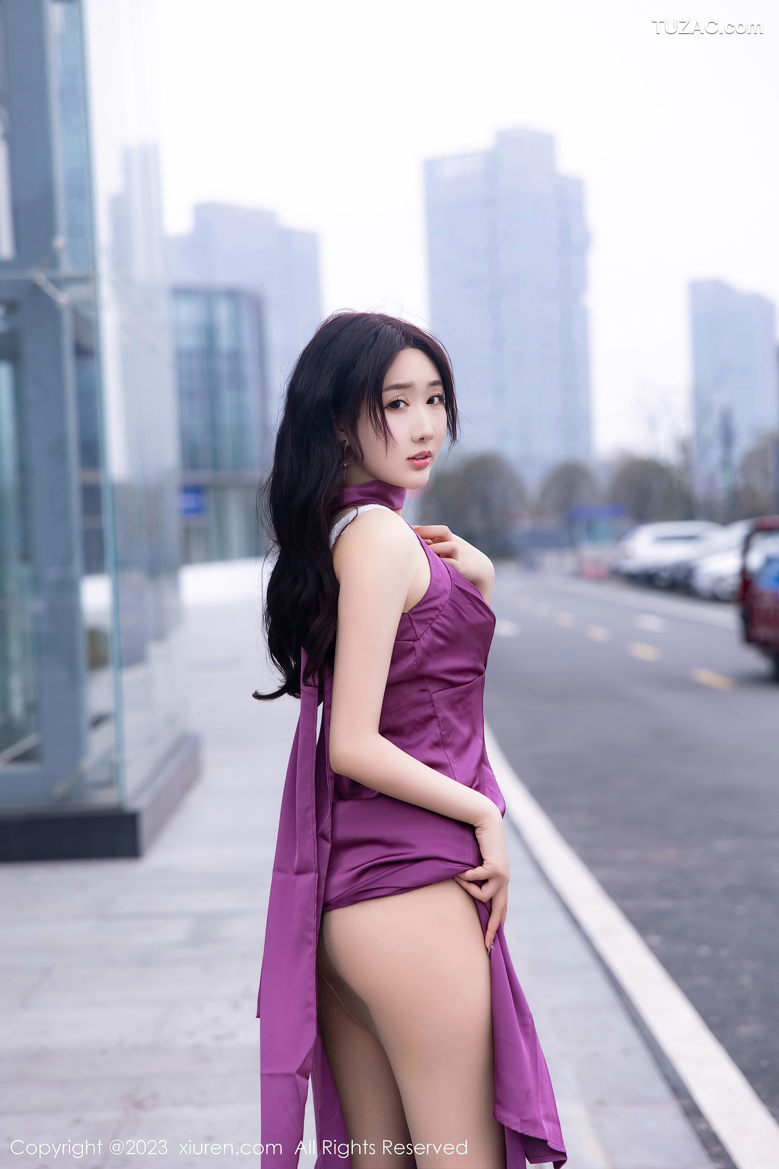 XiuRen秀人网-6462-江真真-紫色连衣长裙白色蕾丝内衣-2023.03.23