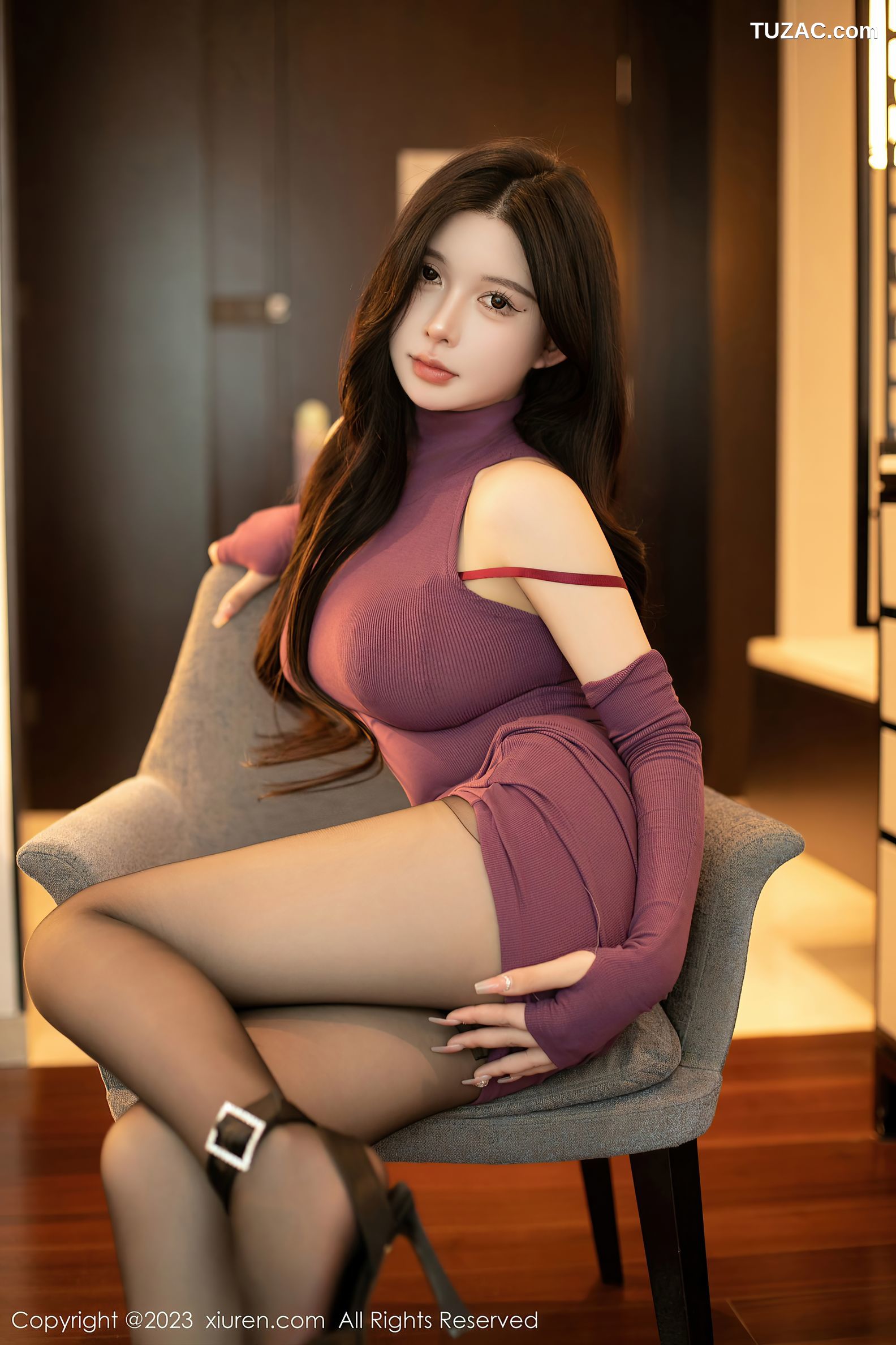 XiuRen秀人网-6469-林珊珊-暗红色收身连衣裙红色轻透内衣-2023.03.24