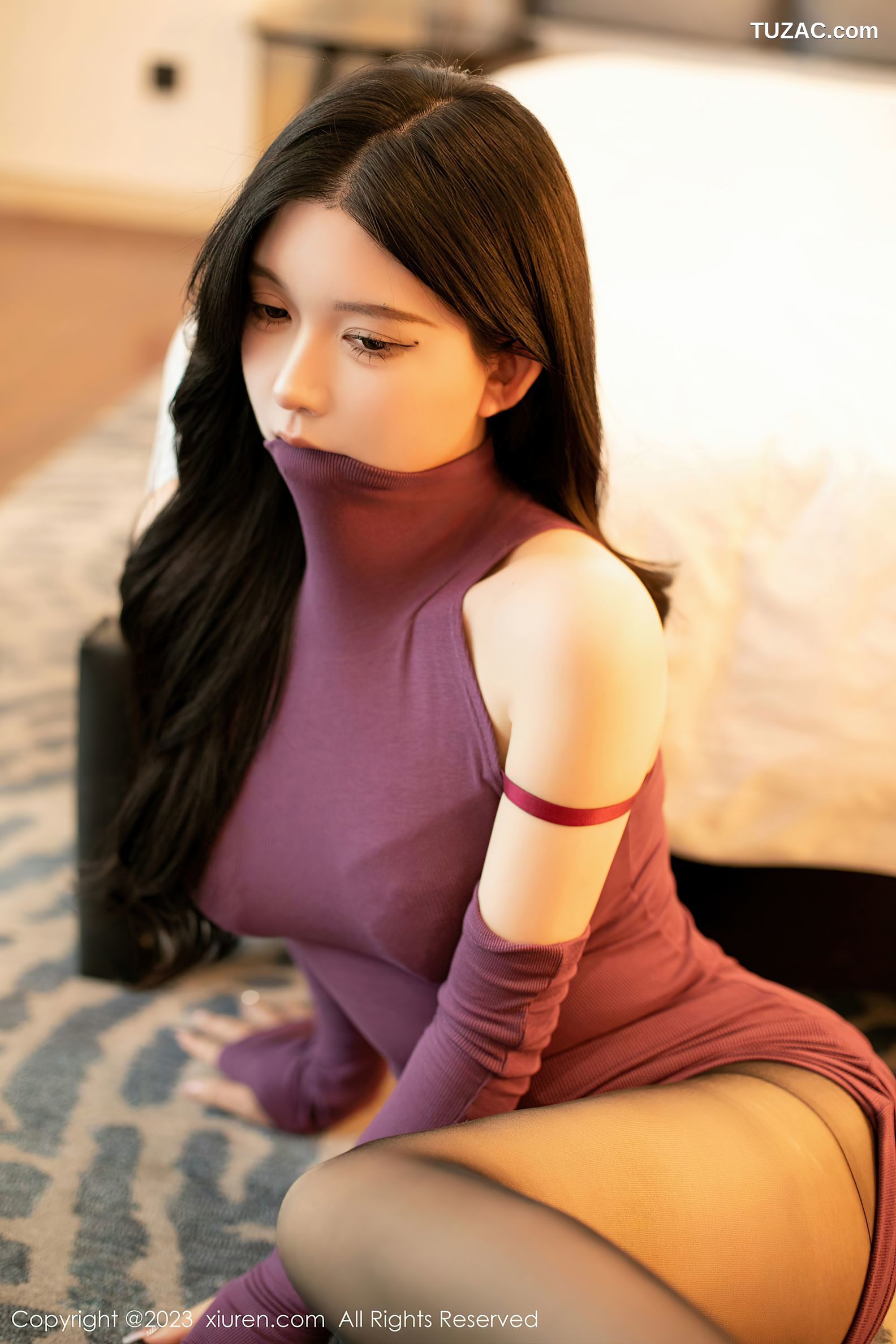 XiuRen秀人网-6469-林珊珊-暗红色收身连衣裙红色轻透内衣-2023.03.24