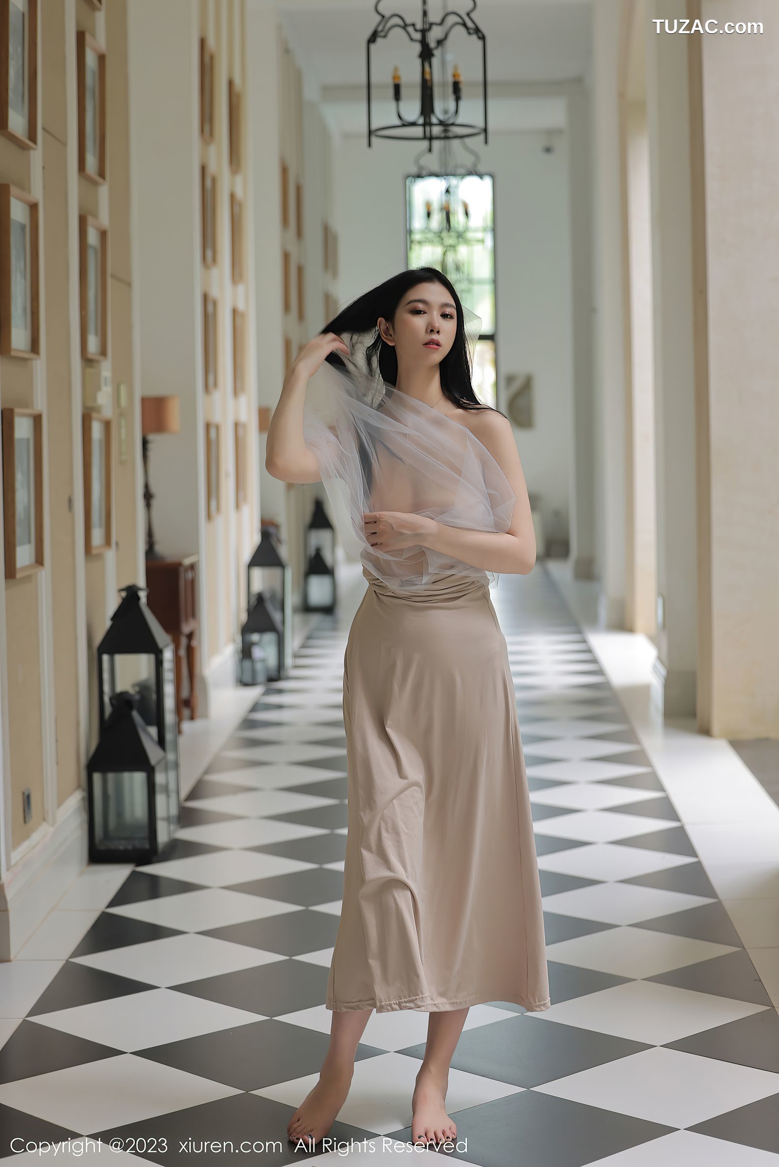 XiuRen秀人网-6513-李雅柔182CM-杏色吊带长裙蕾丝内裤-2023.04.03