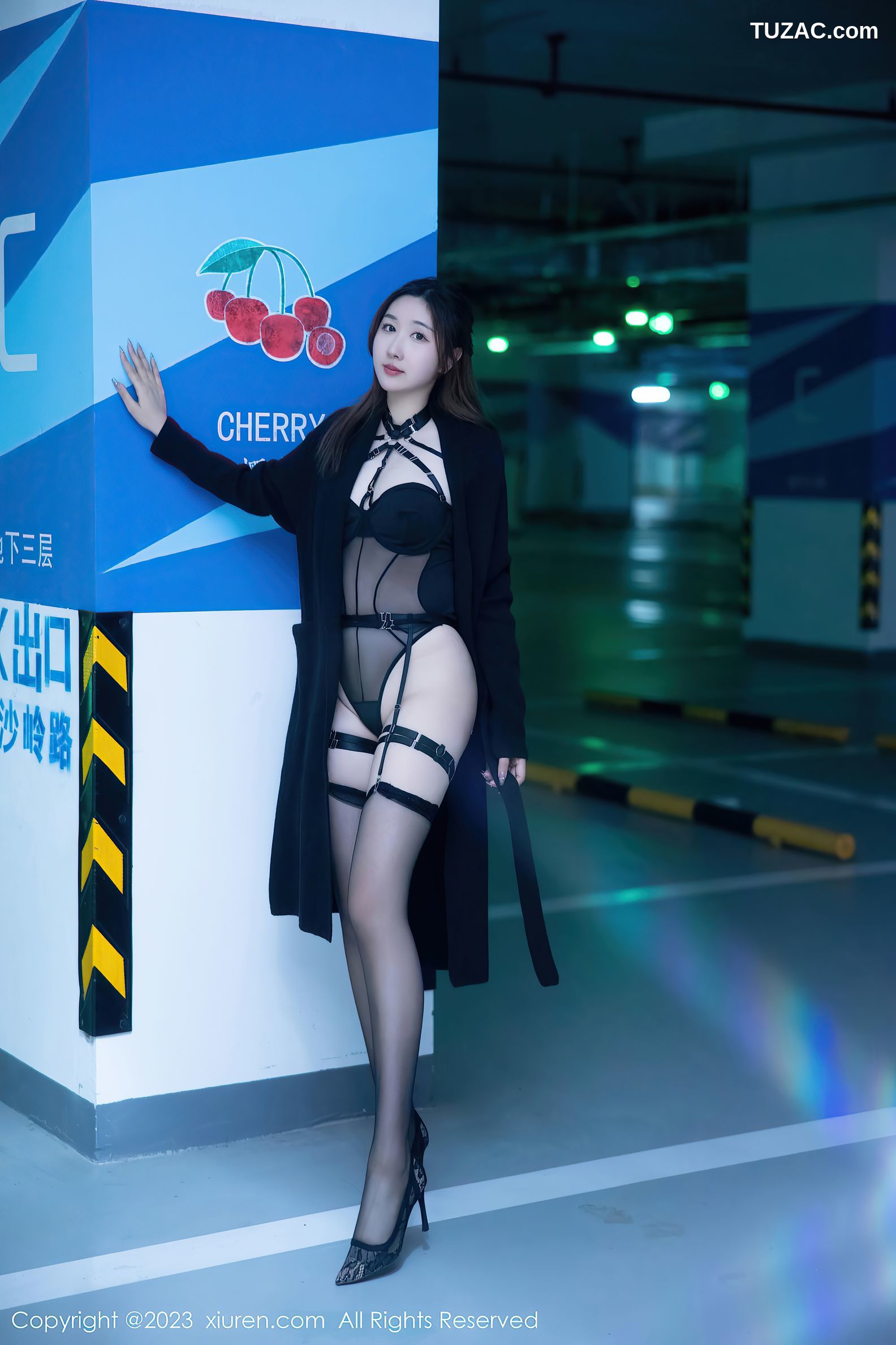 XiuRen秀人网-6650-江真真-黑色薄透情趣内衣黑丝吊带袜-2023.04.27