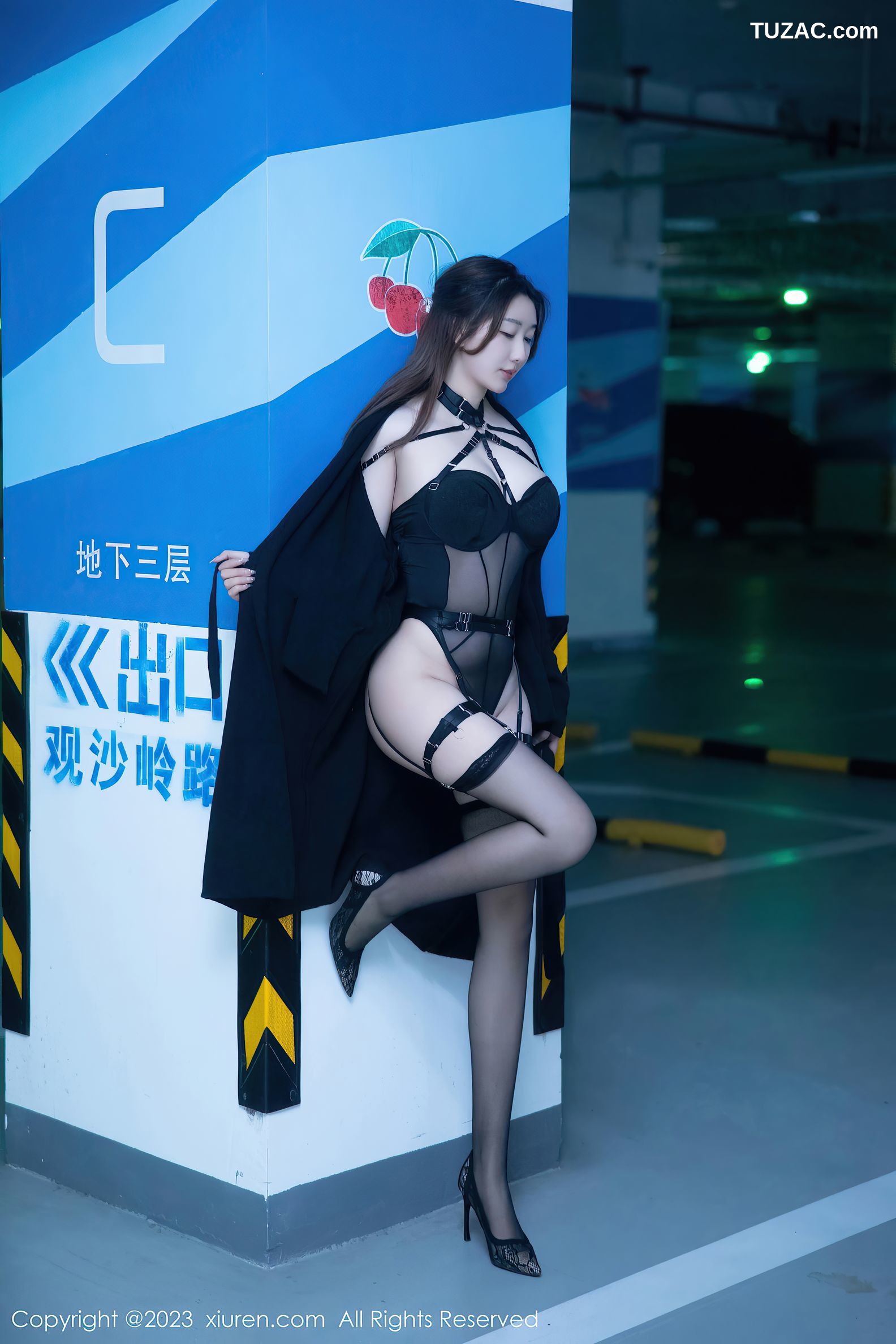 XiuRen秀人网-6650-江真真-黑色薄透情趣内衣黑丝吊带袜-2023.04.27