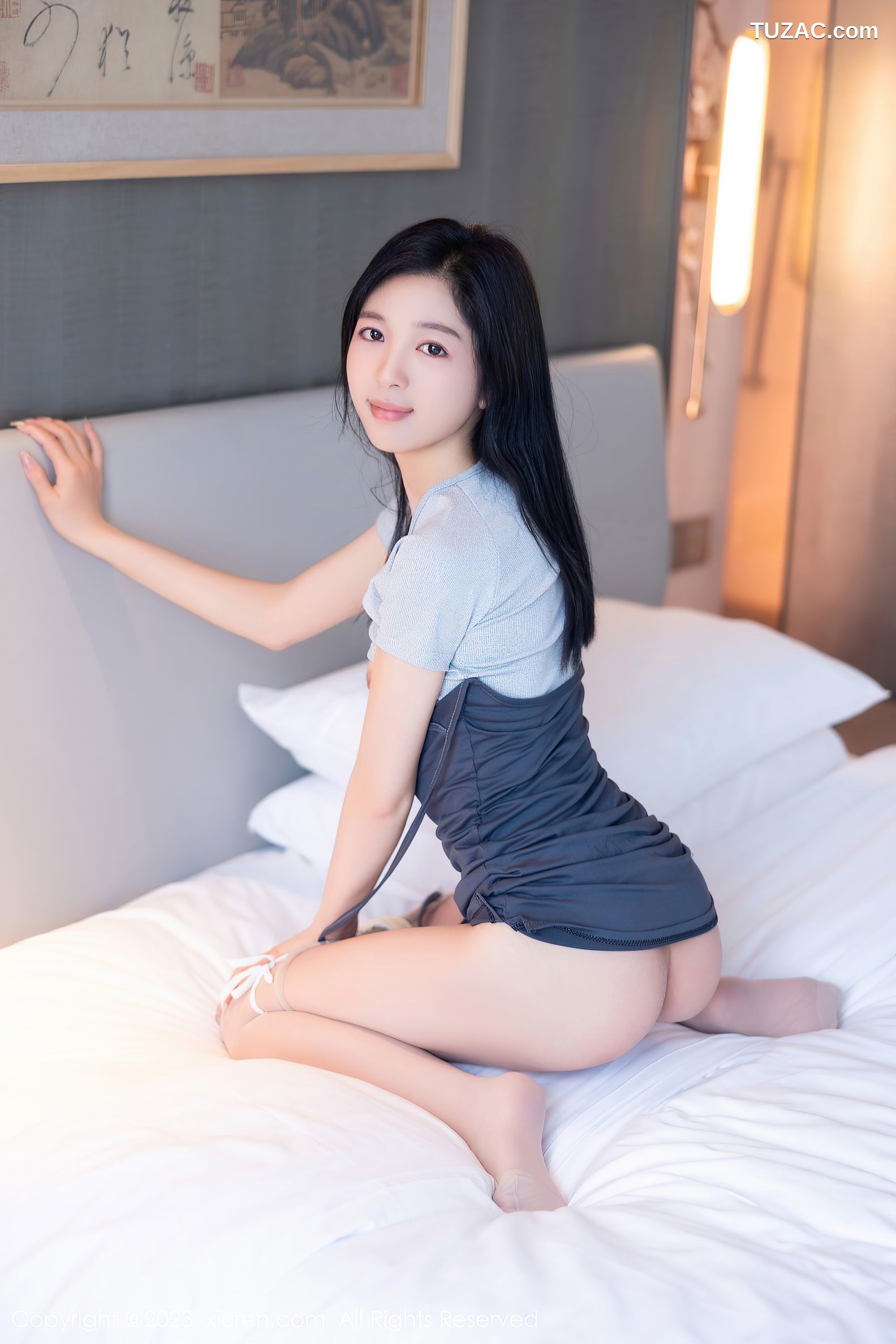 XiuRen秀人网-6784-茜茜Kimi-浅蓝色上衣短裙超薄肉丝-2023.05.23