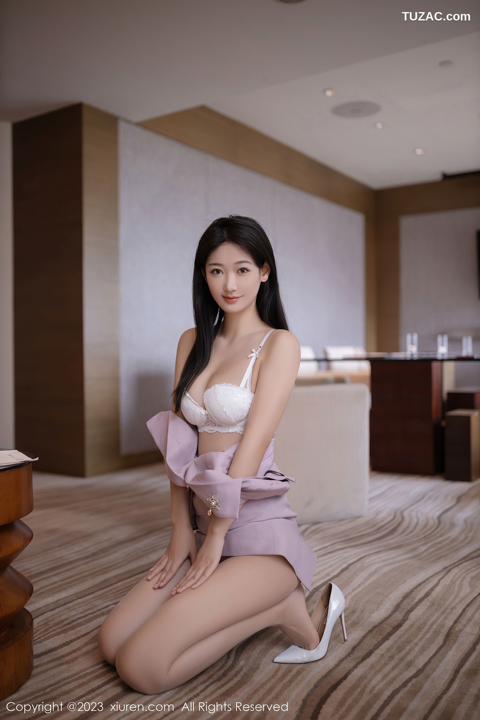 XiuRen秀人网-6859-唐安琪-淡紫色OL服白色蕾丝内衣-2023.06.05