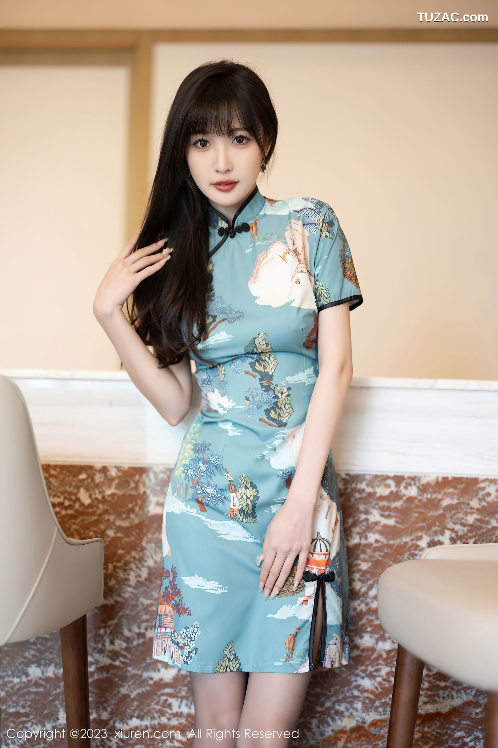 XiuRen秀人网-6953-林星阑-墨绿旗袍服饰-黑色薄纱内衣-2023.06.20