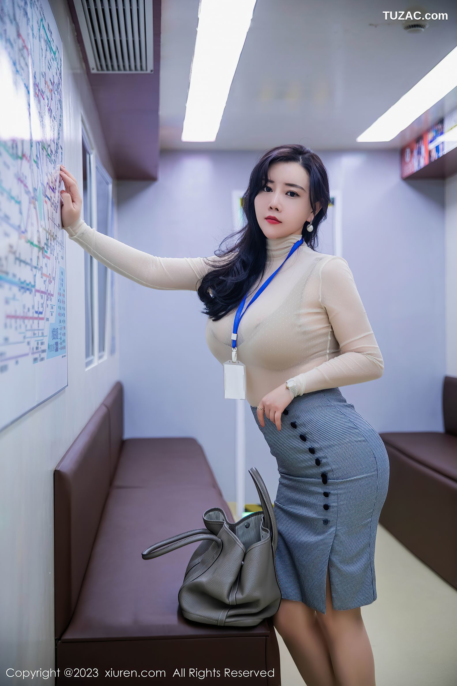 XiuRen秀人网-7054-王婉悠Queen-白T蓝裙杏色内衣-2023.07.10