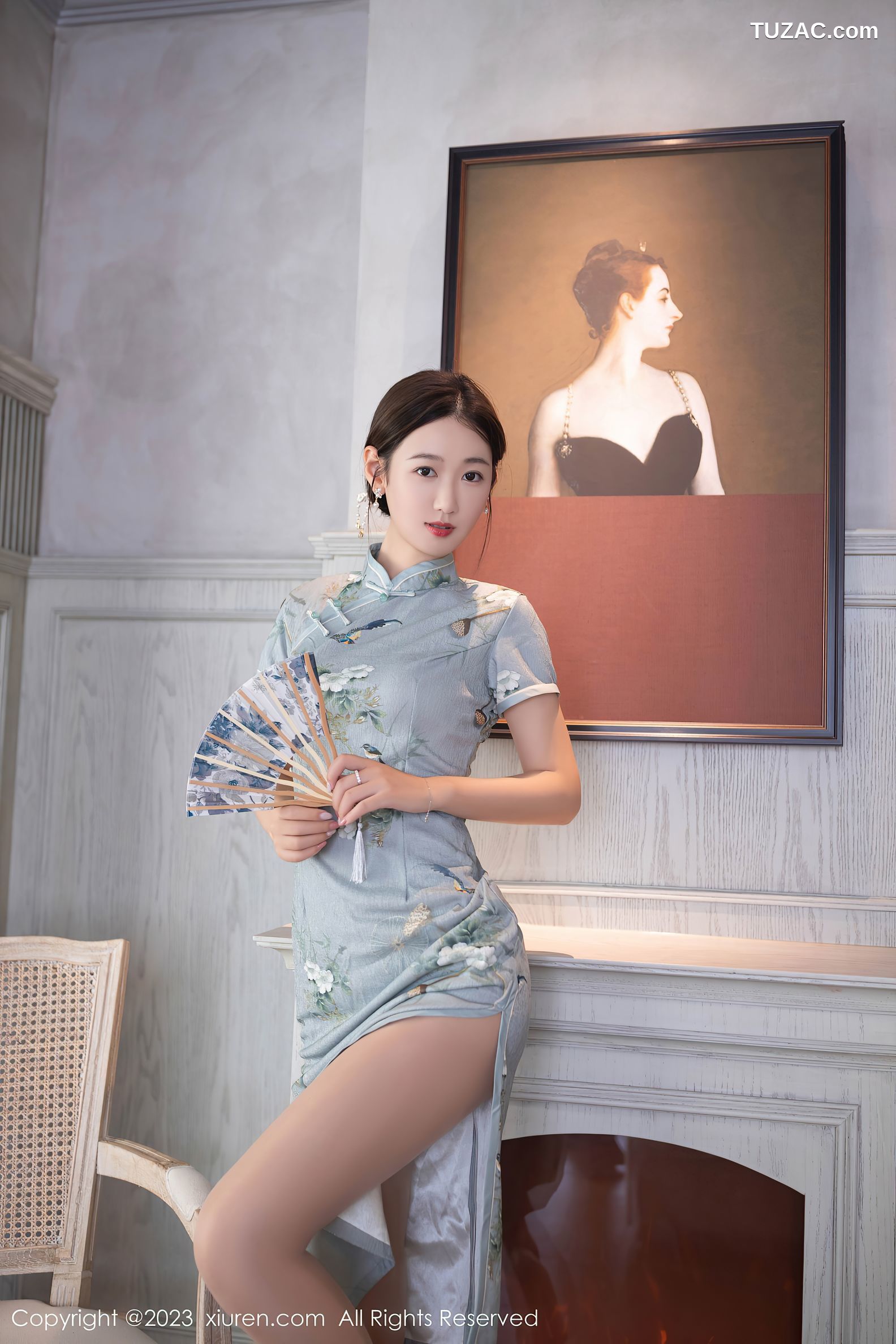 XiuRen秀人网-7232-唐安琪-灰绿色旗袍肉色内衣-2023.08.14
