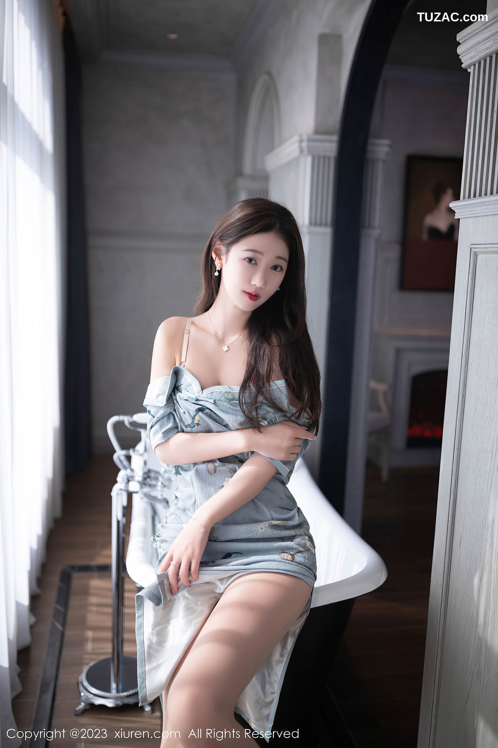 XiuRen秀人网-7232-唐安琪-灰绿色旗袍肉色内衣-2023.08.14