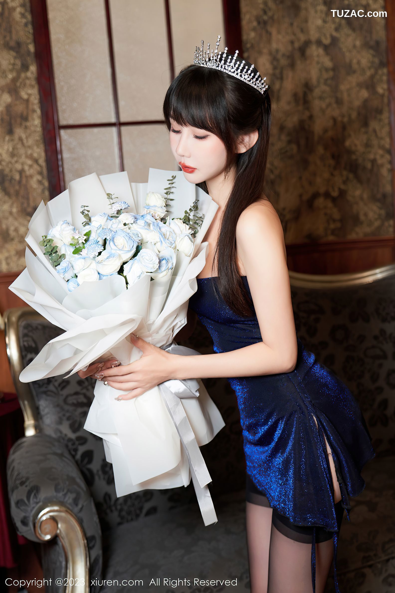 XiuRen秀人网-7274-波巧酱-生日主题-深蓝连衣短裙黑丝-2023.08.23