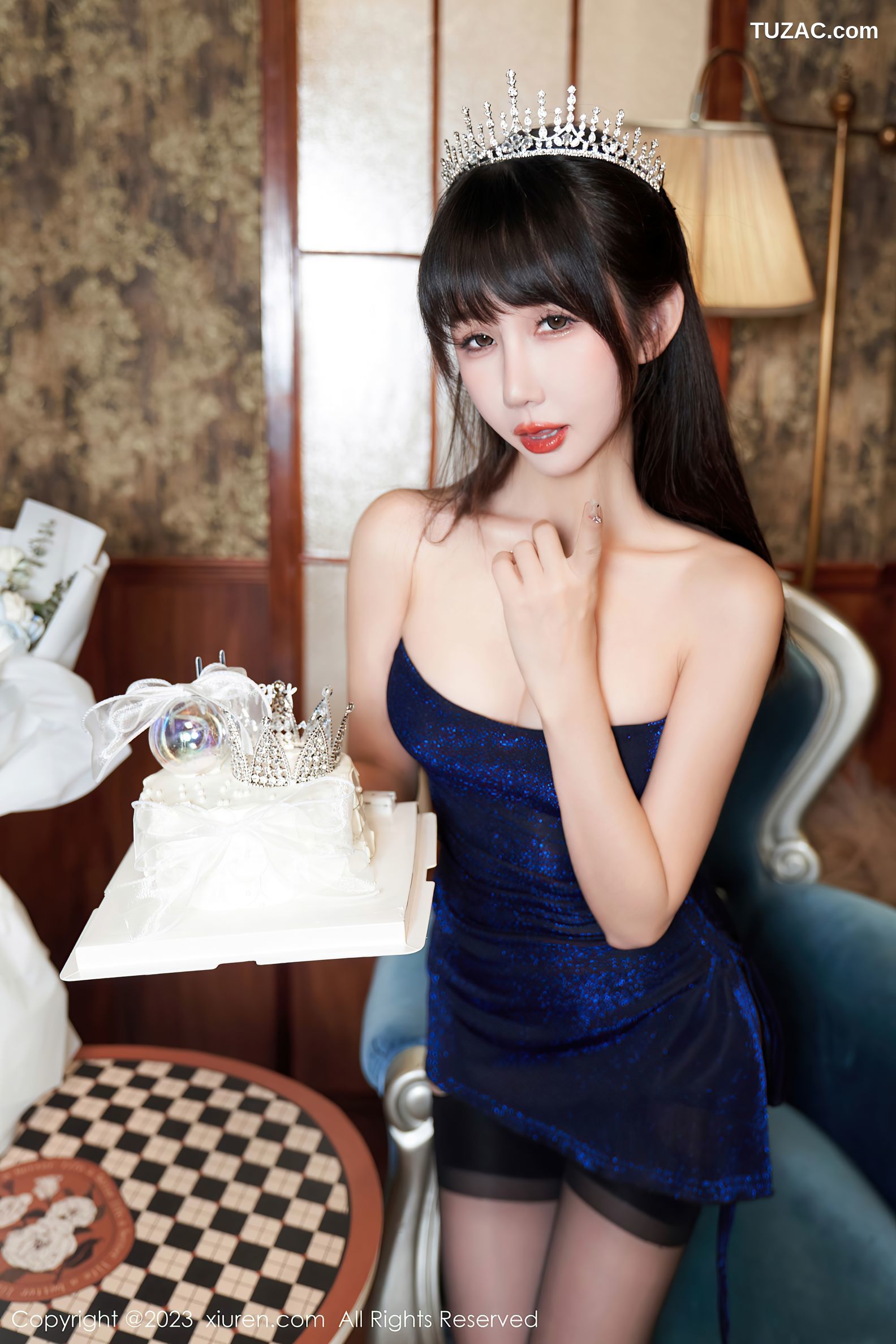 XiuRen秀人网-7274-波巧酱-生日主题-深蓝连衣短裙黑丝-2023.08.23