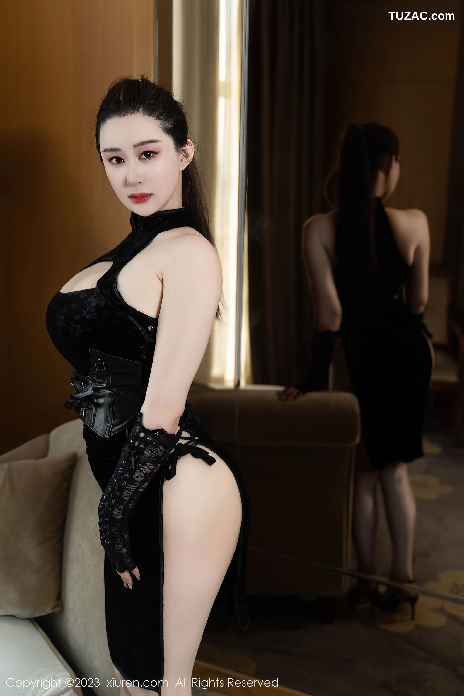 XiuRen秀人网-7351-王俪丁呀-黑色高开叉连衣短裙黑蕾丝内衣-2023.09.07