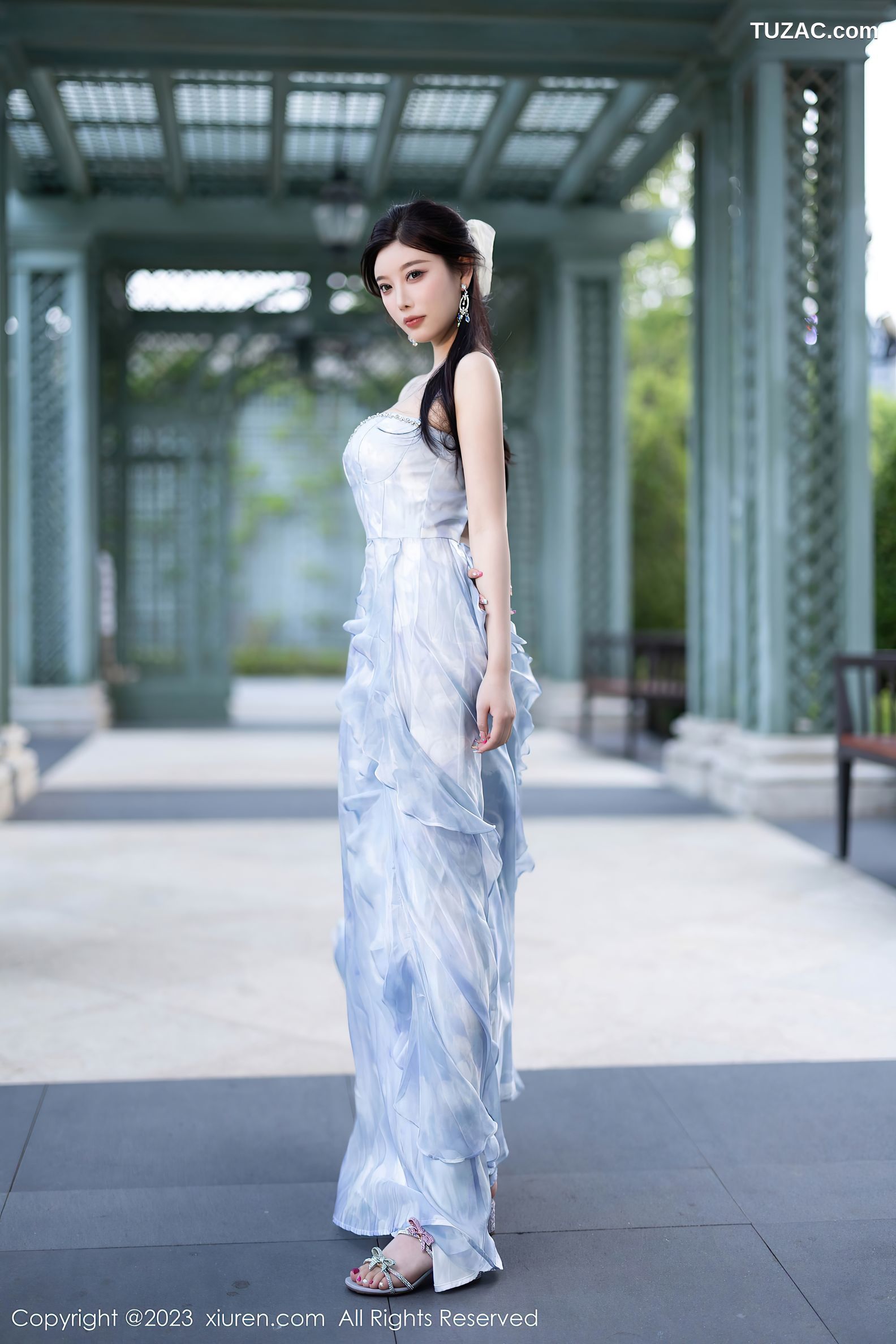 XiuRen秀人网-7382-杨晨晨Yome-浙江安吉旅拍-蓝色长裙透视黑纱-2023.09.13