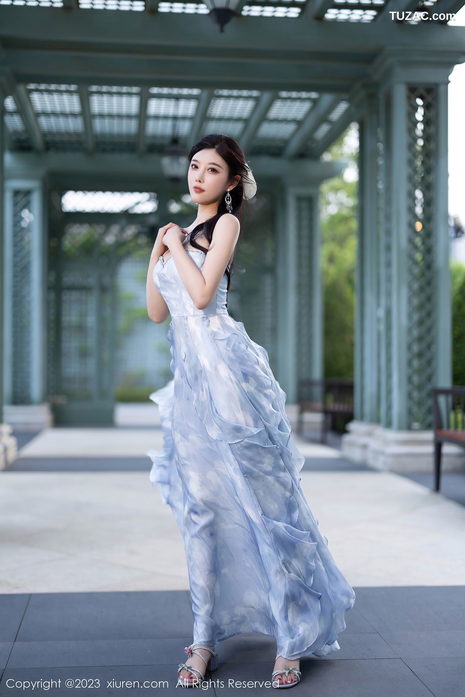 XiuRen秀人网-7382-杨晨晨Yome-浙江安吉旅拍-蓝色长裙透视黑纱-2023.09.13
