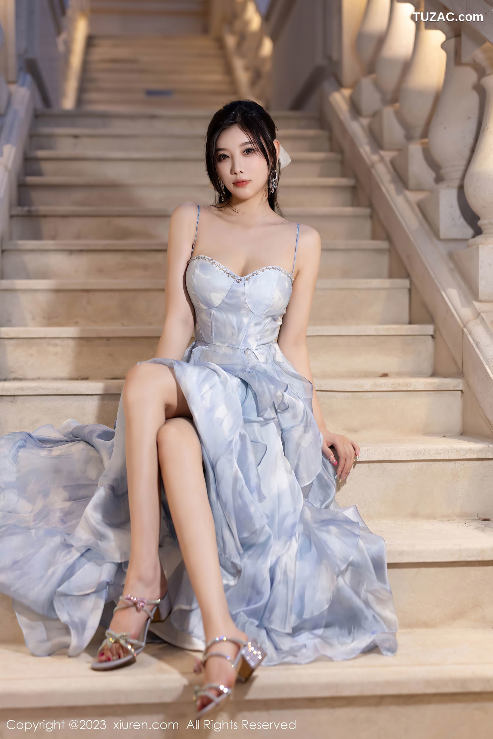 XiuRen秀人网-7382-杨晨晨Yome-浙江安吉旅拍-蓝色长裙透视黑纱-2023.09.13