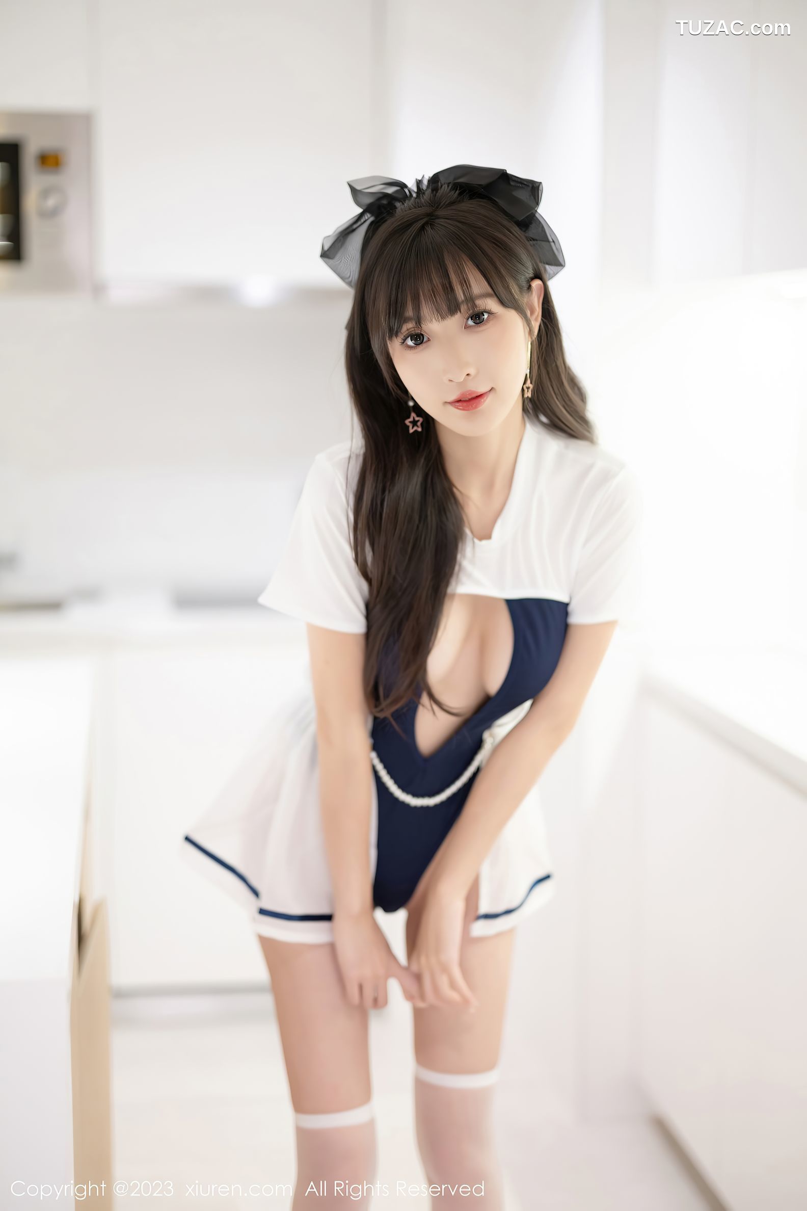 XiuRen秀人网-7468-林星阑-白蓝连衣短裙黑色透视情趣内衣黑丝-2023.10.07