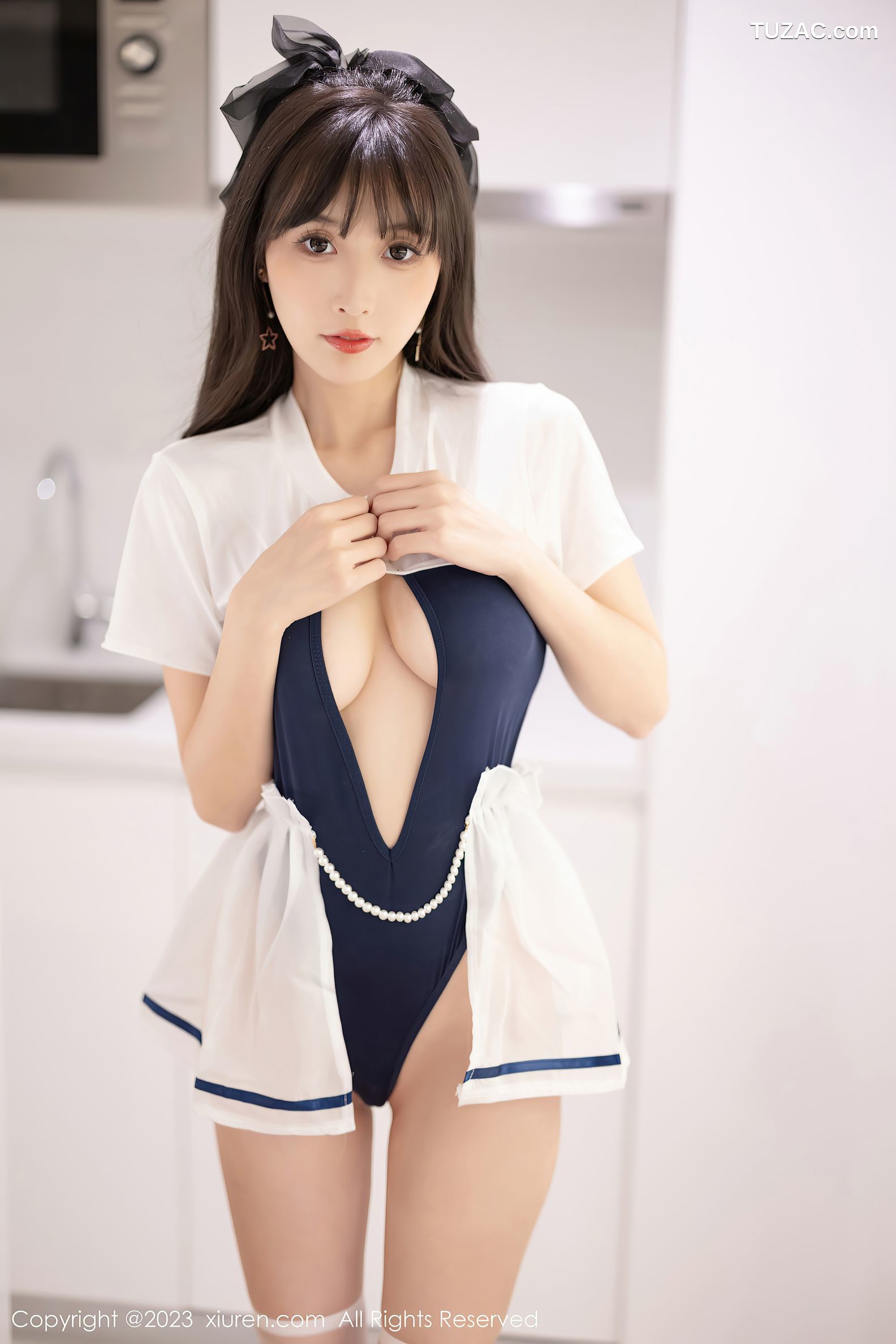 XiuRen秀人网-7468-林星阑-白蓝连衣短裙黑色透视情趣内衣黑丝-2023.10.07