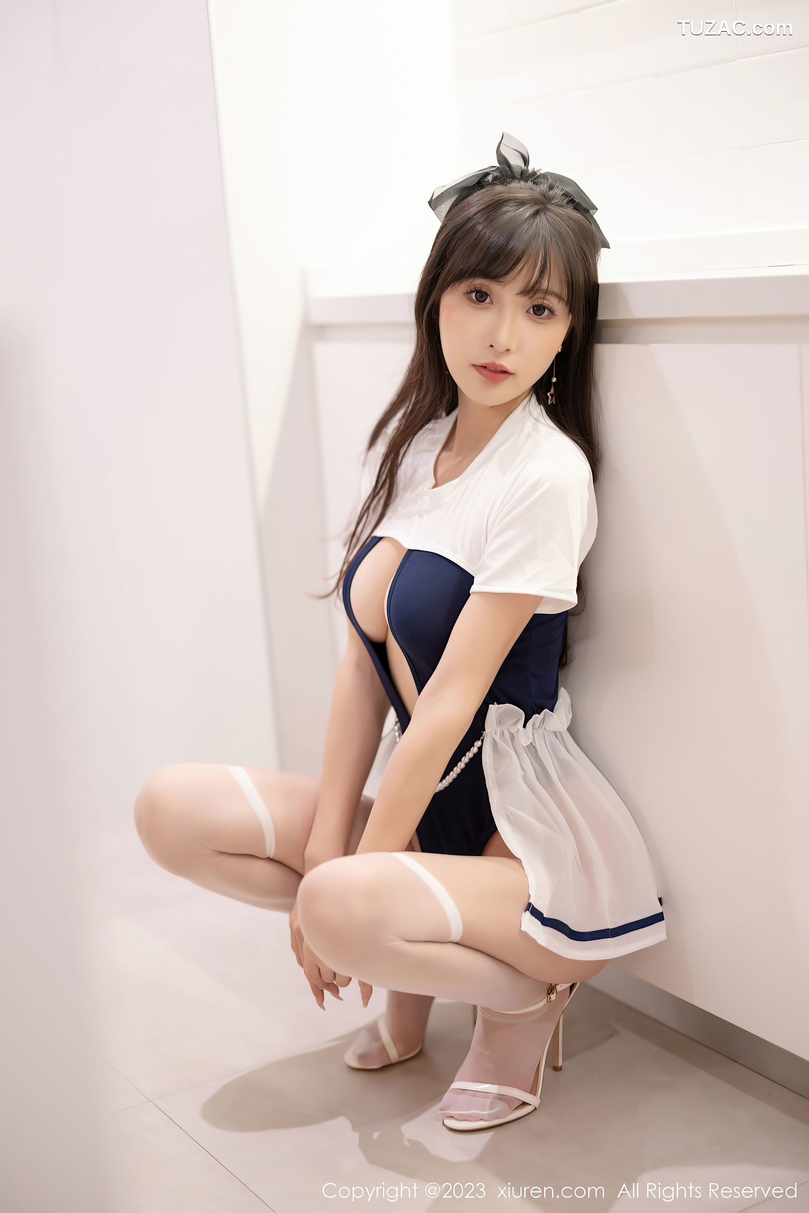 XiuRen秀人网-7468-林星阑-白蓝连衣短裙黑色透视情趣内衣黑丝-2023.10.07