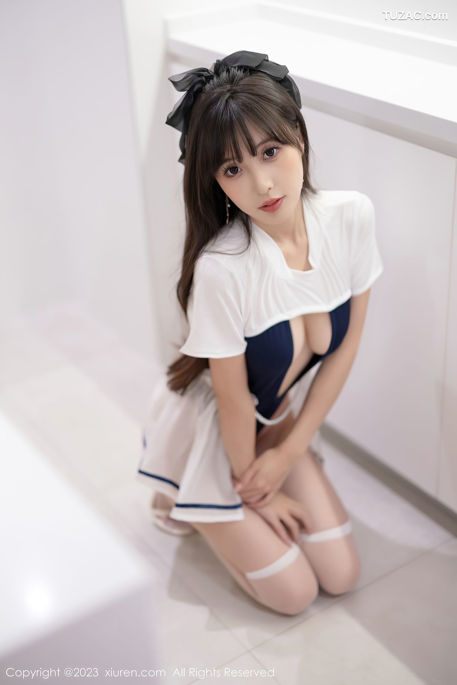 XiuRen秀人网-7468-林星阑-白蓝连衣短裙黑色透视情趣内衣黑丝-2023.10.07