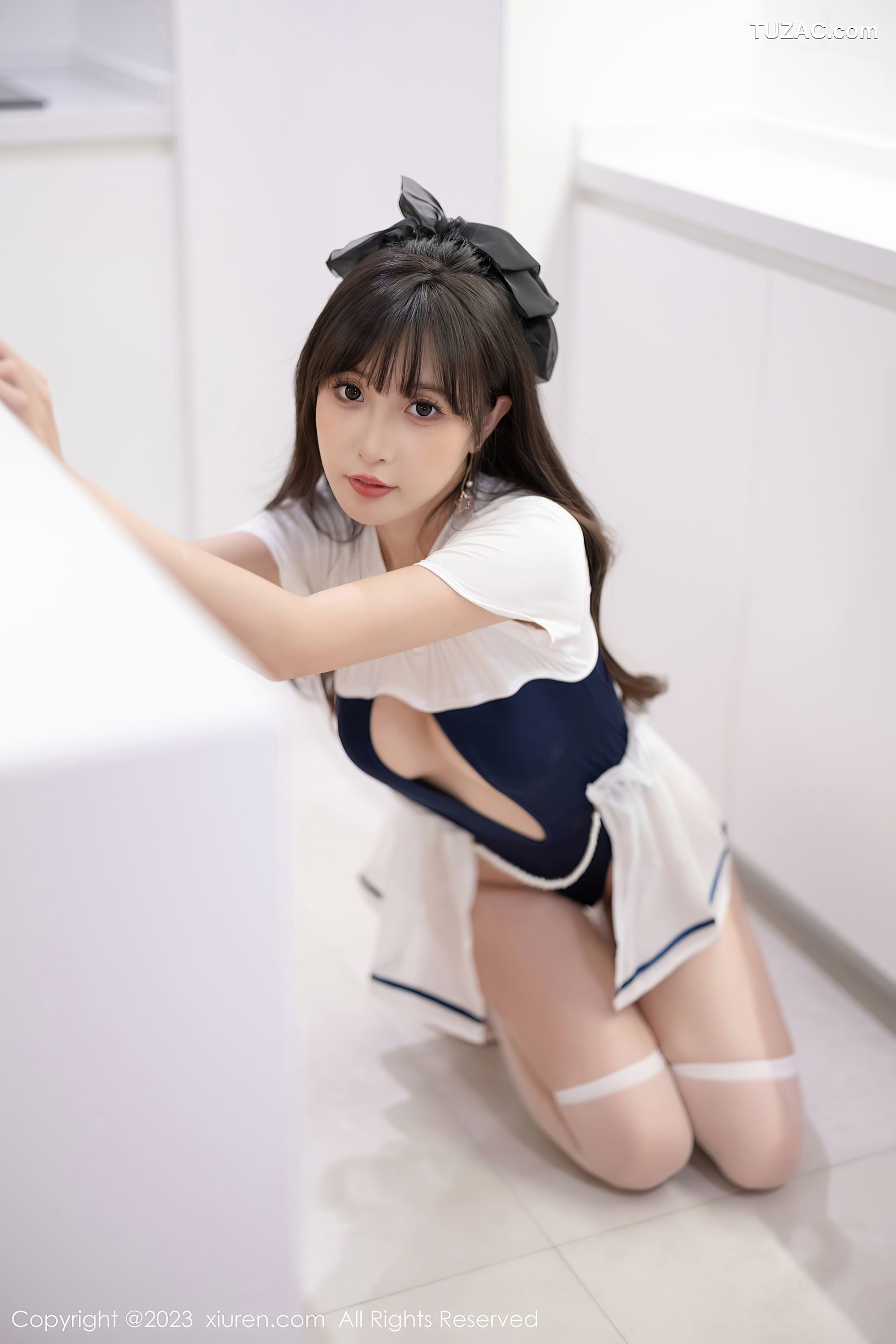 XiuRen秀人网-7468-林星阑-白蓝连衣短裙黑色透视情趣内衣黑丝-2023.10.07