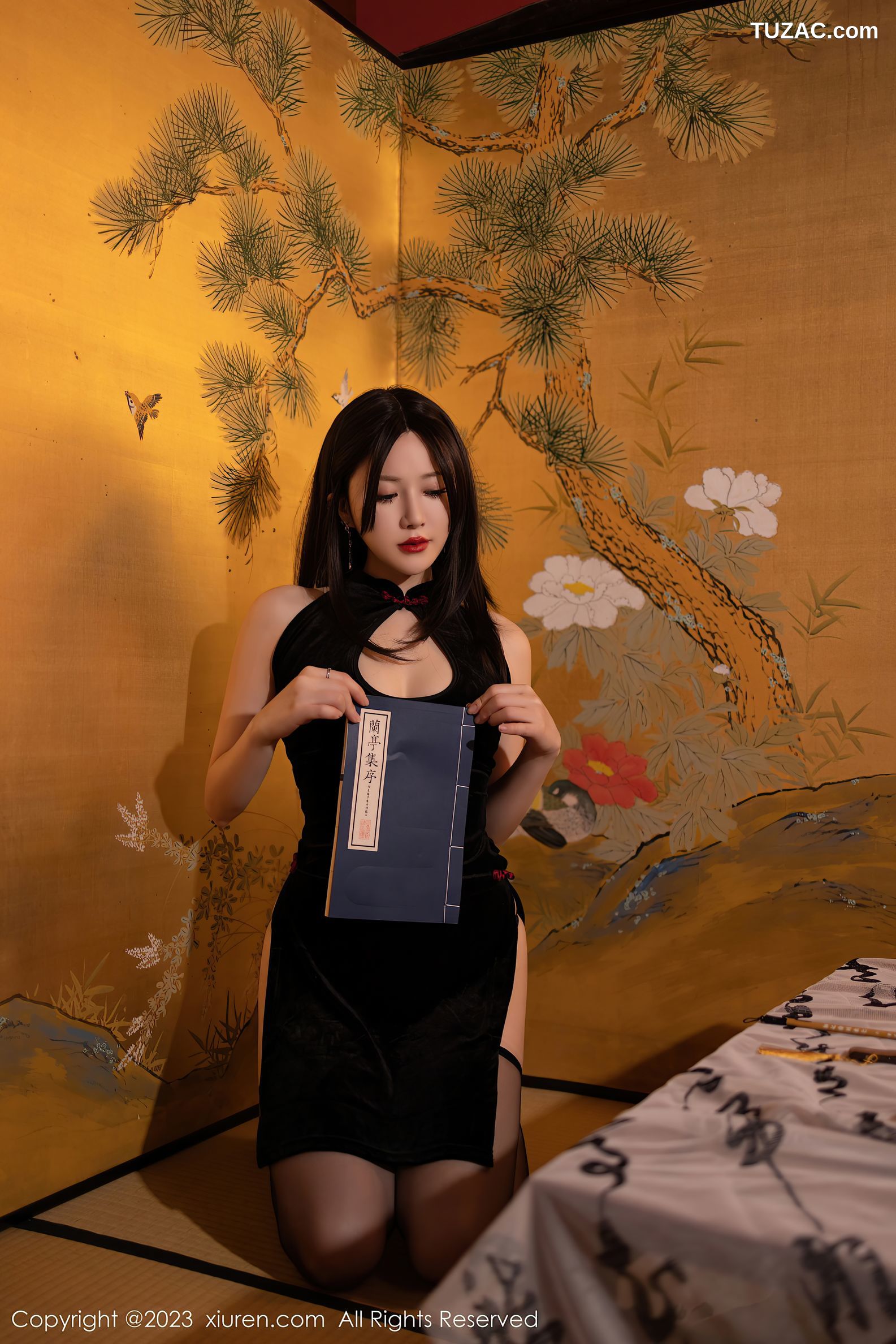 XiuRen秀人网-7507-鱼子酱Fish-黑色情趣旗袍丁字裤白纱-2023.10.13