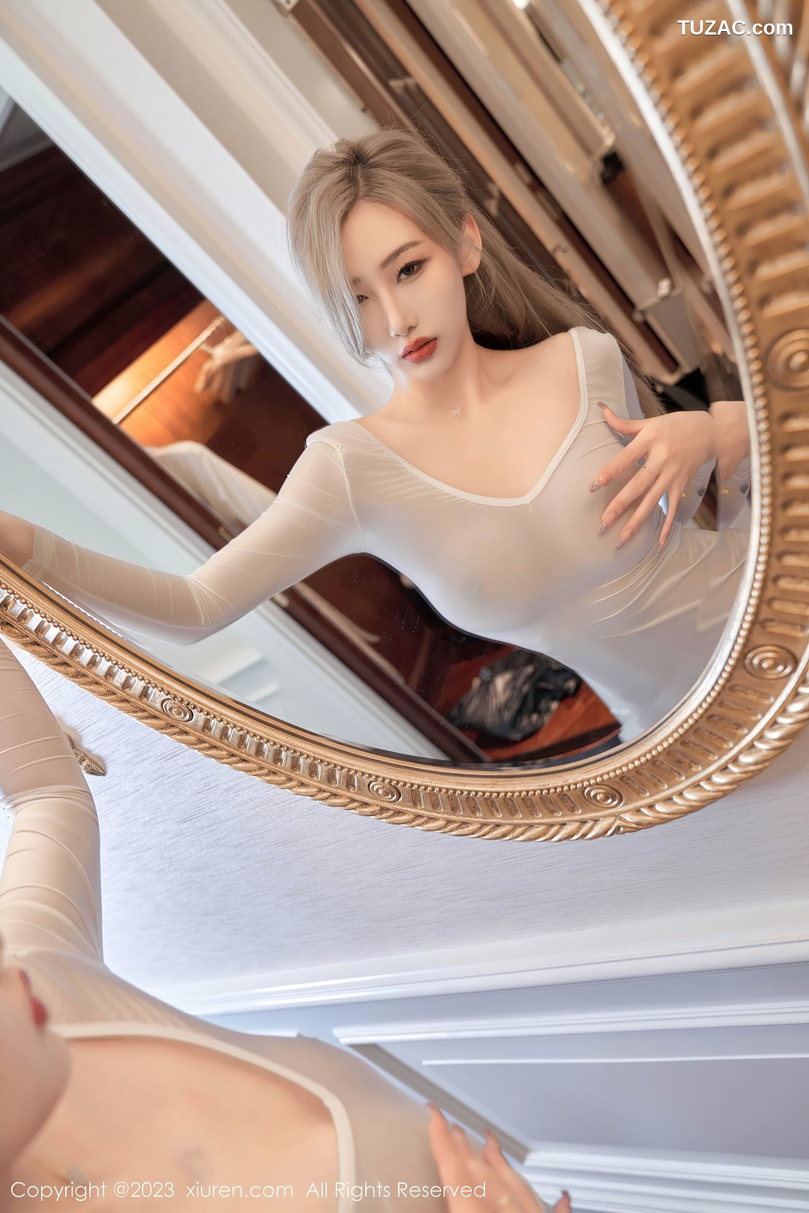 XiuRen秀人网-7566-沈青黛-白色连衣短裙白色丝袜-2023.10.26