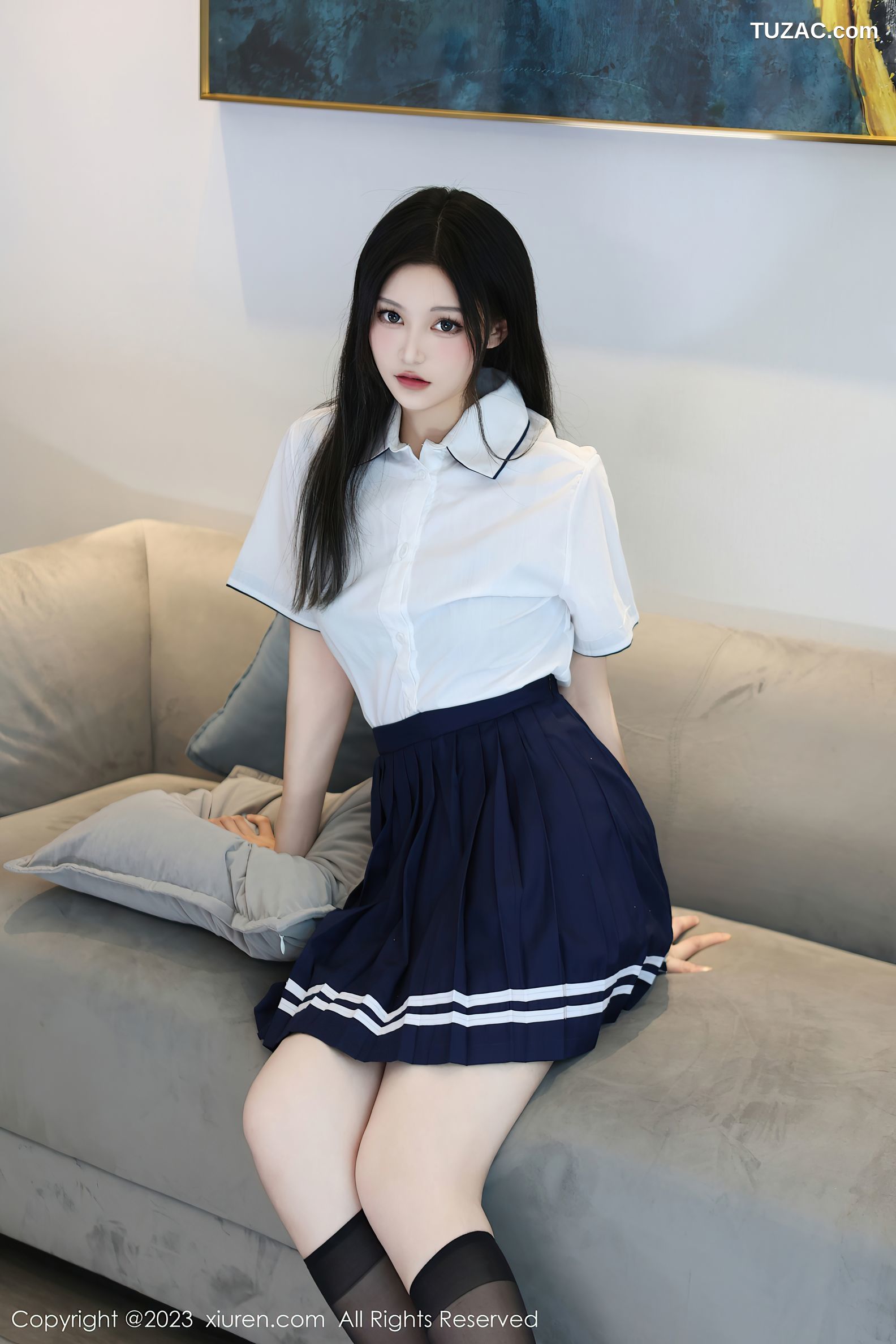 XiuRen秀人网-7697-大橘BBKira-白衬衫深蓝短裙学生装黑色轻透内衣黑丝-2023.11.22