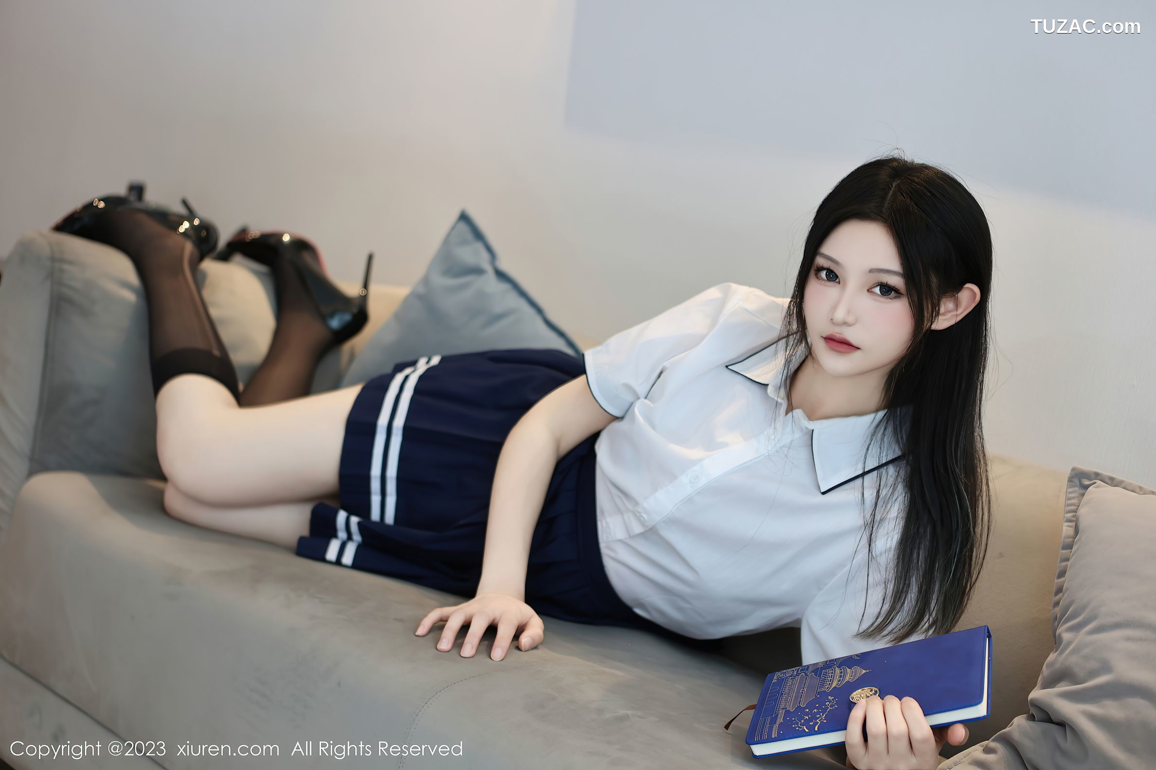 XiuRen秀人网-7697-大橘BBKira-白衬衫深蓝短裙学生装黑色轻透内衣黑丝-2023.11.22