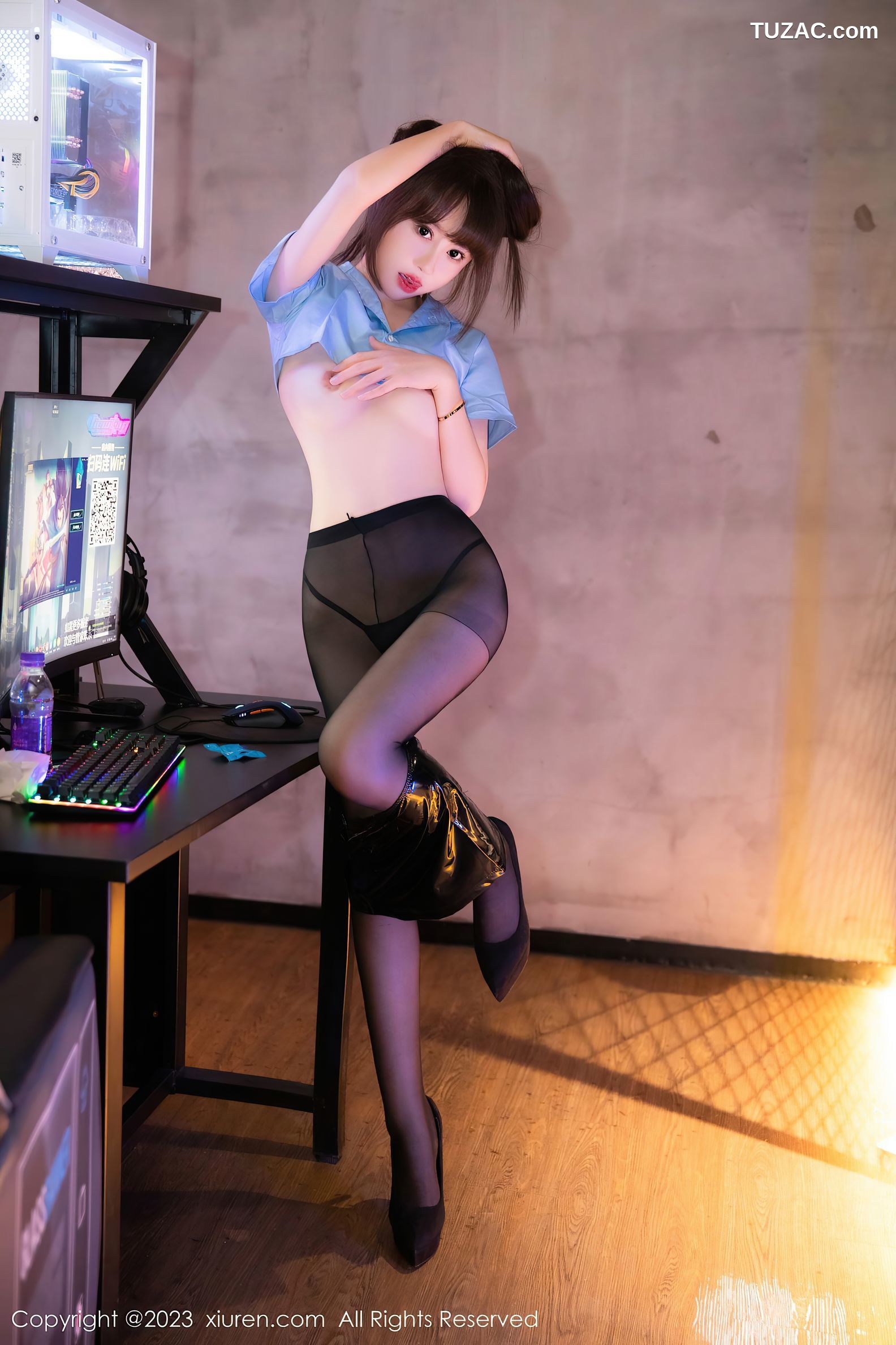 XiuRen秀人网-7816-夏Yao-蓝衫黑皮短裙情趣海军服黑丝-2023.12.15