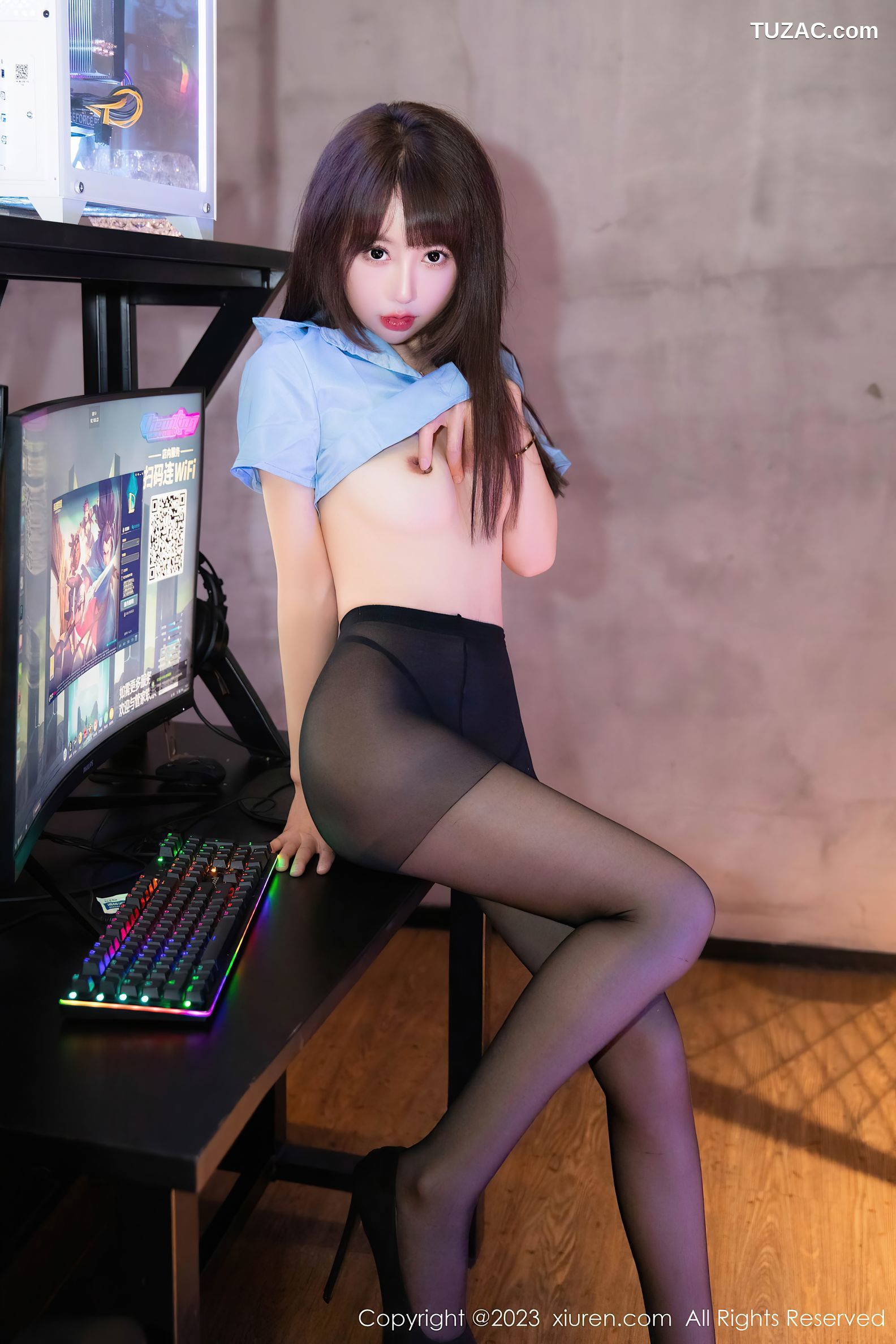 XiuRen秀人网-7816-夏Yao-蓝衫黑皮短裙情趣海军服黑丝-2023.12.15