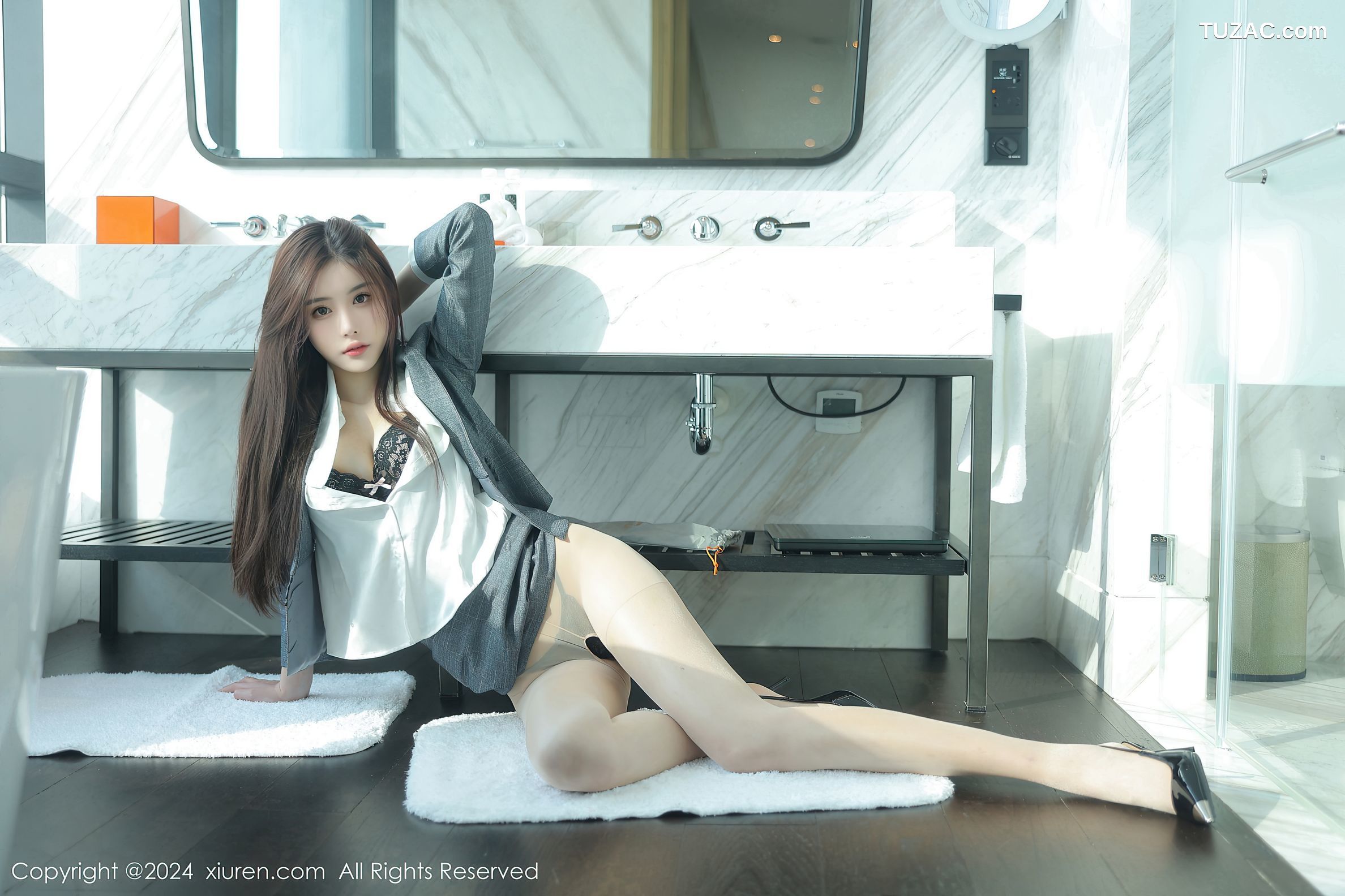 XiuRen秀人网-8081-晚苏susu-OL深灰裙装白衬衫黑色蕾丝内衣-2024.02.07