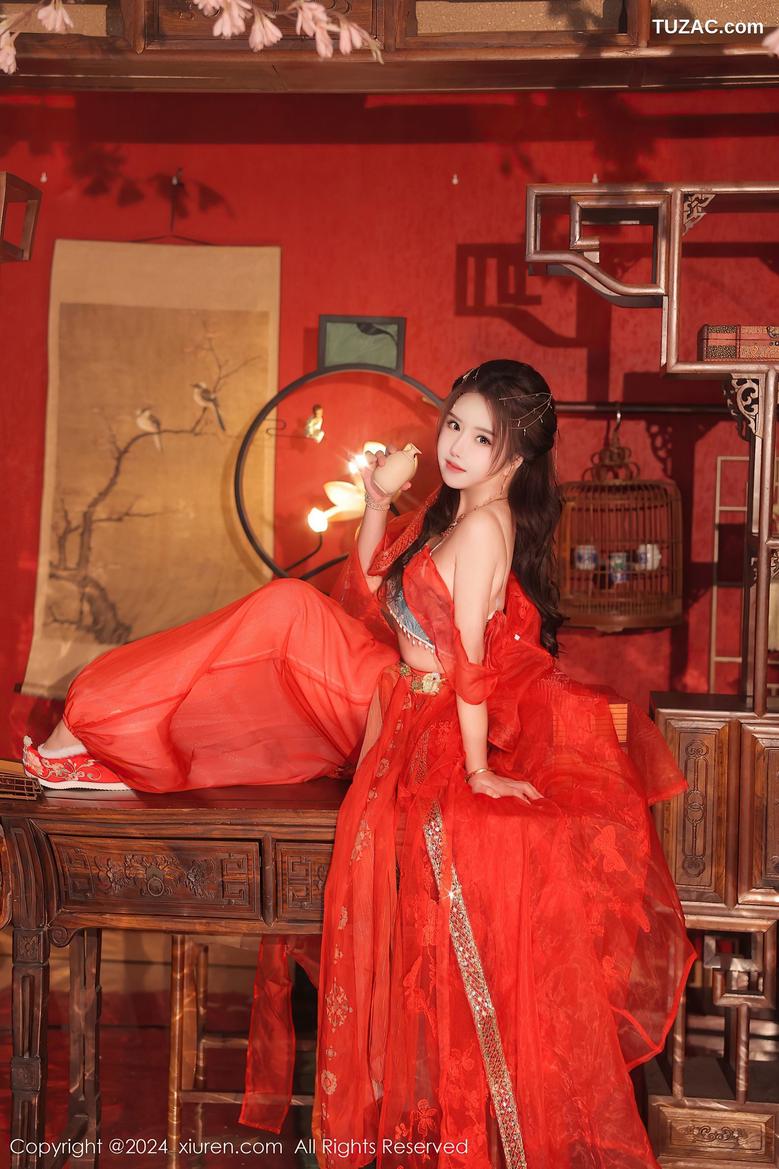 XiuRen秀人网-8146-小薯条nienie-古风红纱裙丁字裤爆乳-2024.02.27