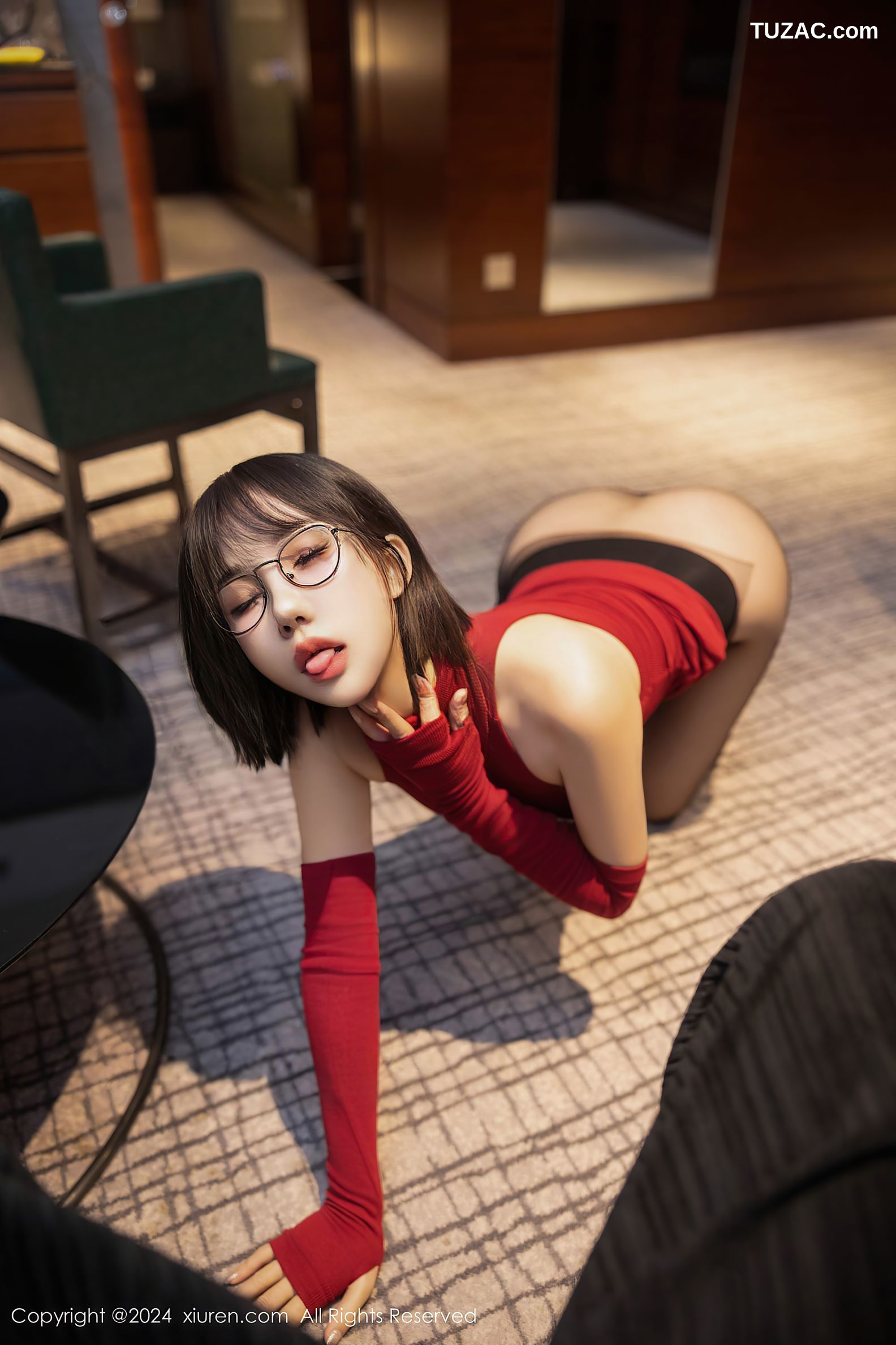 XiuRen秀人网-9096-波巧酱-红色连衣短裙黑丝爆乳-2024.09.02