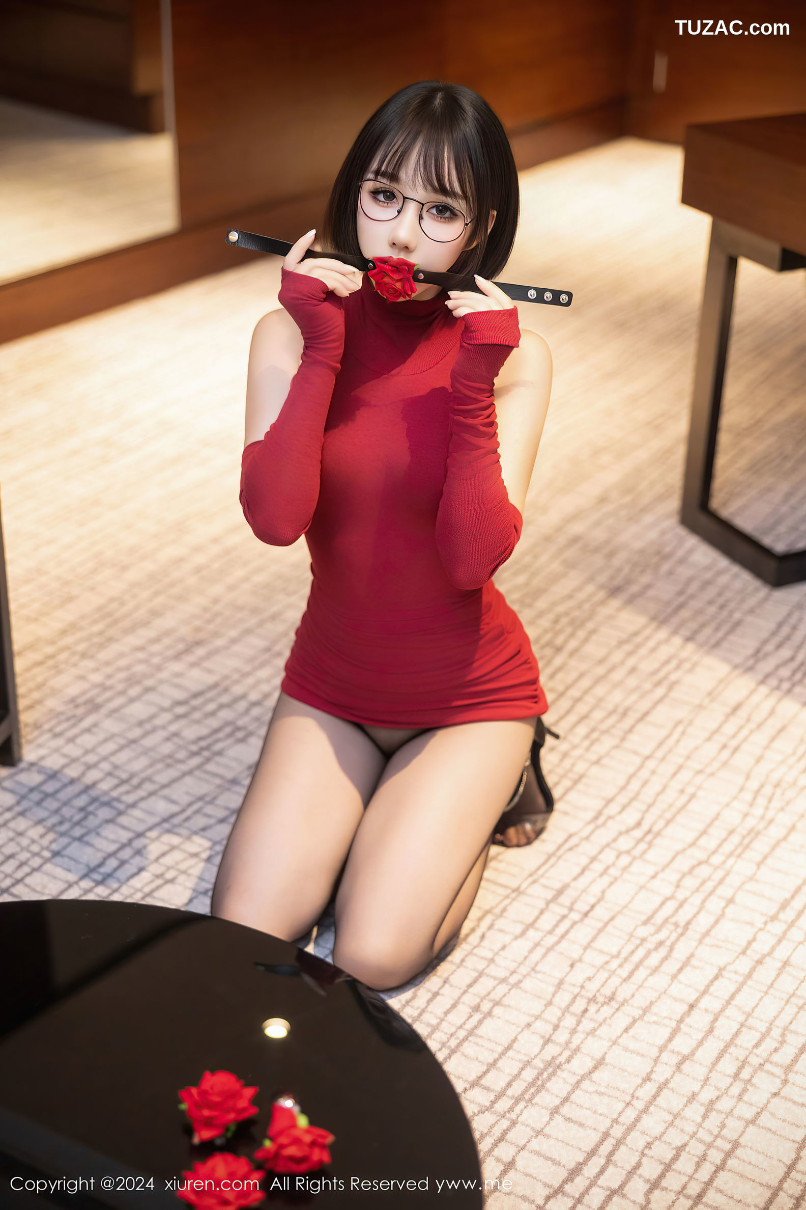 XiuRen秀人网-9096-波巧酱-红色连衣短裙黑丝爆乳-2024.09.02