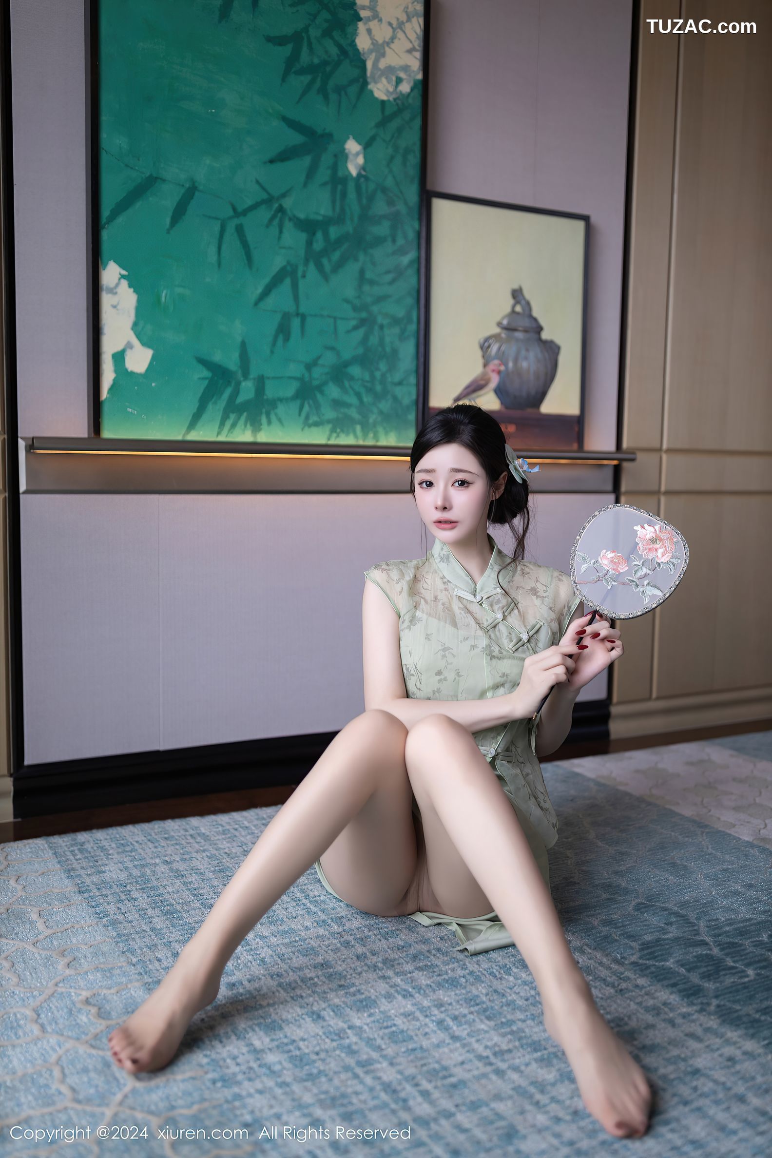 XiuRen秀人网-9124-小逗逗-民国风淡绿旗袍淡绿透视薄纱亵衣爆乳-2024.09.06