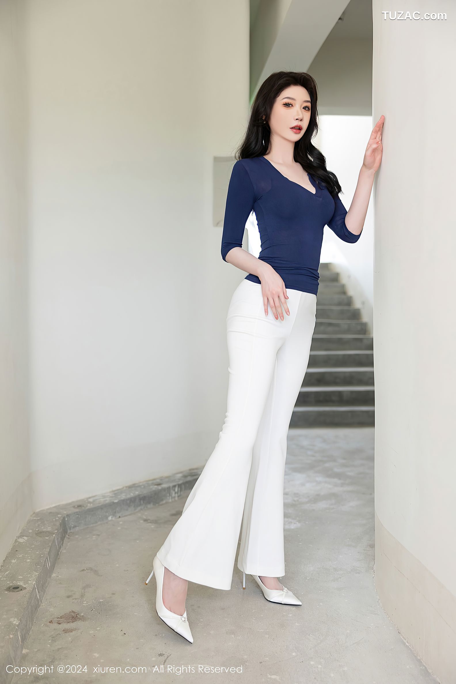 XiuRen秀人网-9355-梦心玥-蓝T白长裤蓝蕾丝内衣-2024.10.28