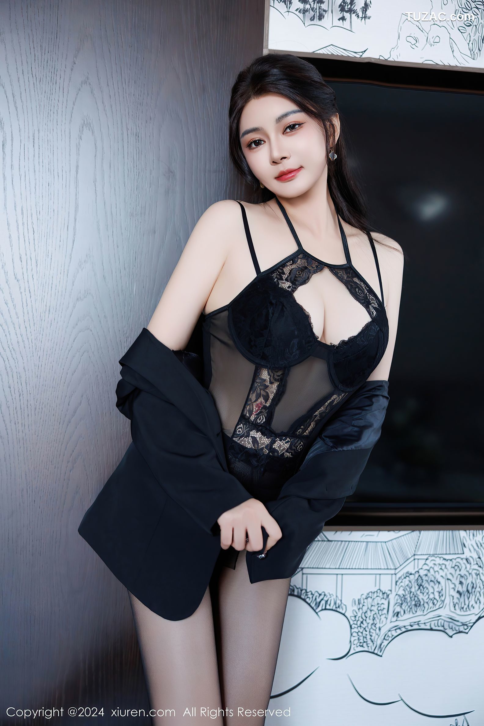 XiuRen秀人网-9405-凯竹Quinn-OL黑色套装黑蕾丝内衣黑丝-2024.11.06