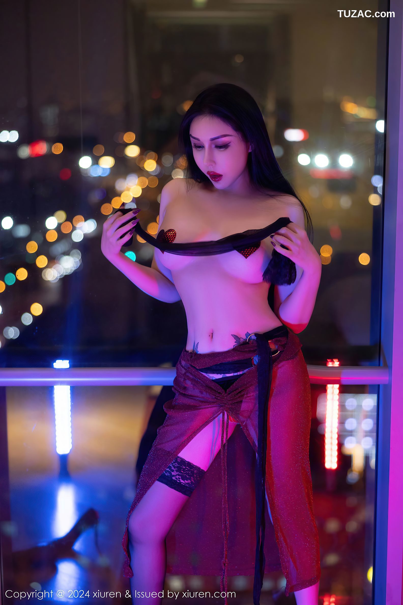 XiuRen秀人网-9414-田冰冰-酒红纱裙黑色内衣黑丝爆乳-2024.11.08