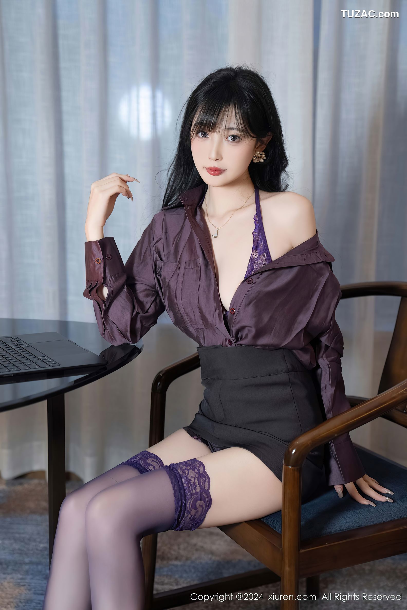 XiuRen秀人网-9428-林星阑-OL暗紫色衬衫黑短裙紫色蕾丝内衣-2024.11.11