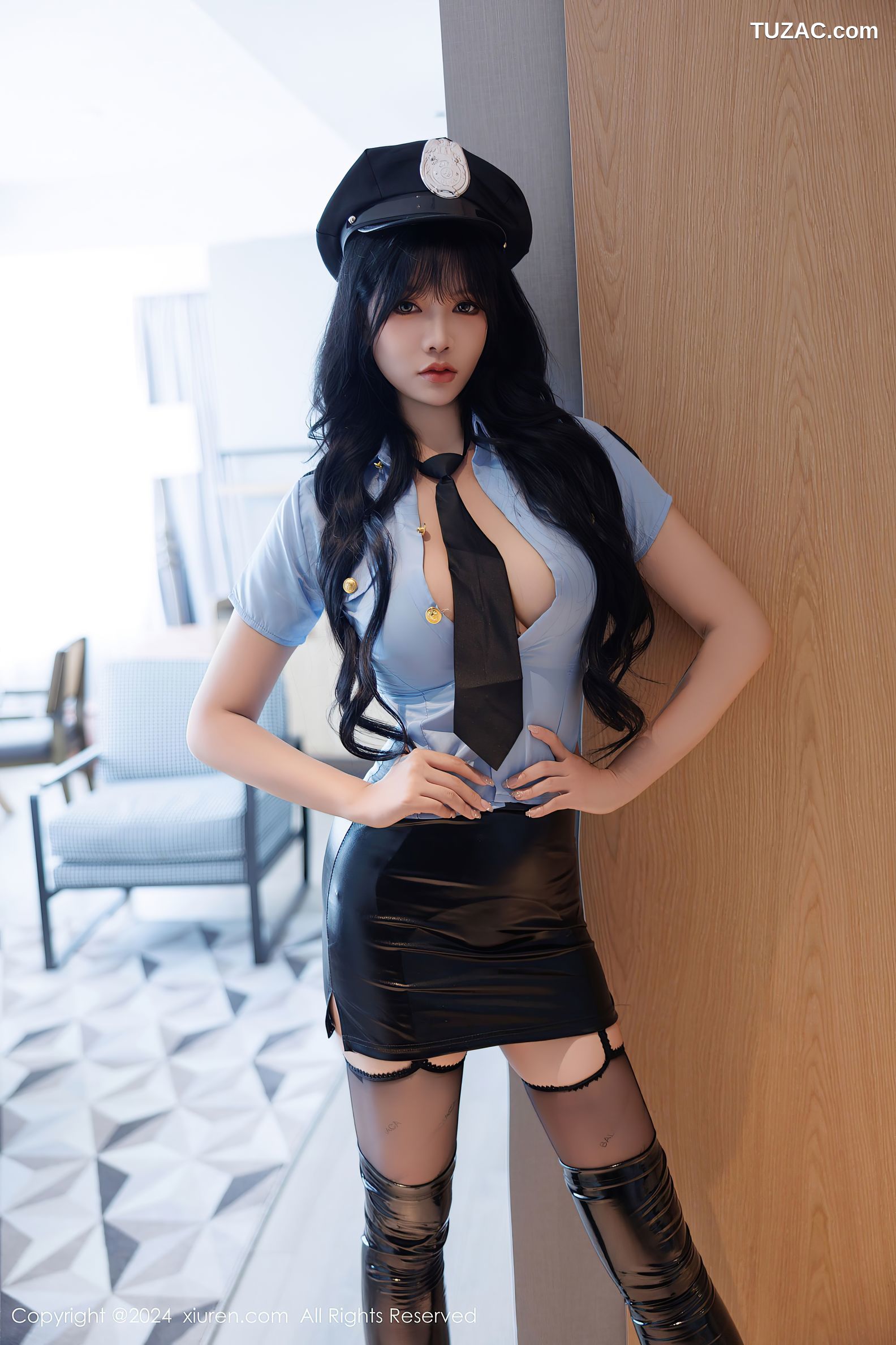 XiuRen秀人网-9443-娜比-情趣警花蓝衬衫黑皮短裙长筒皮靴-2024.11.13