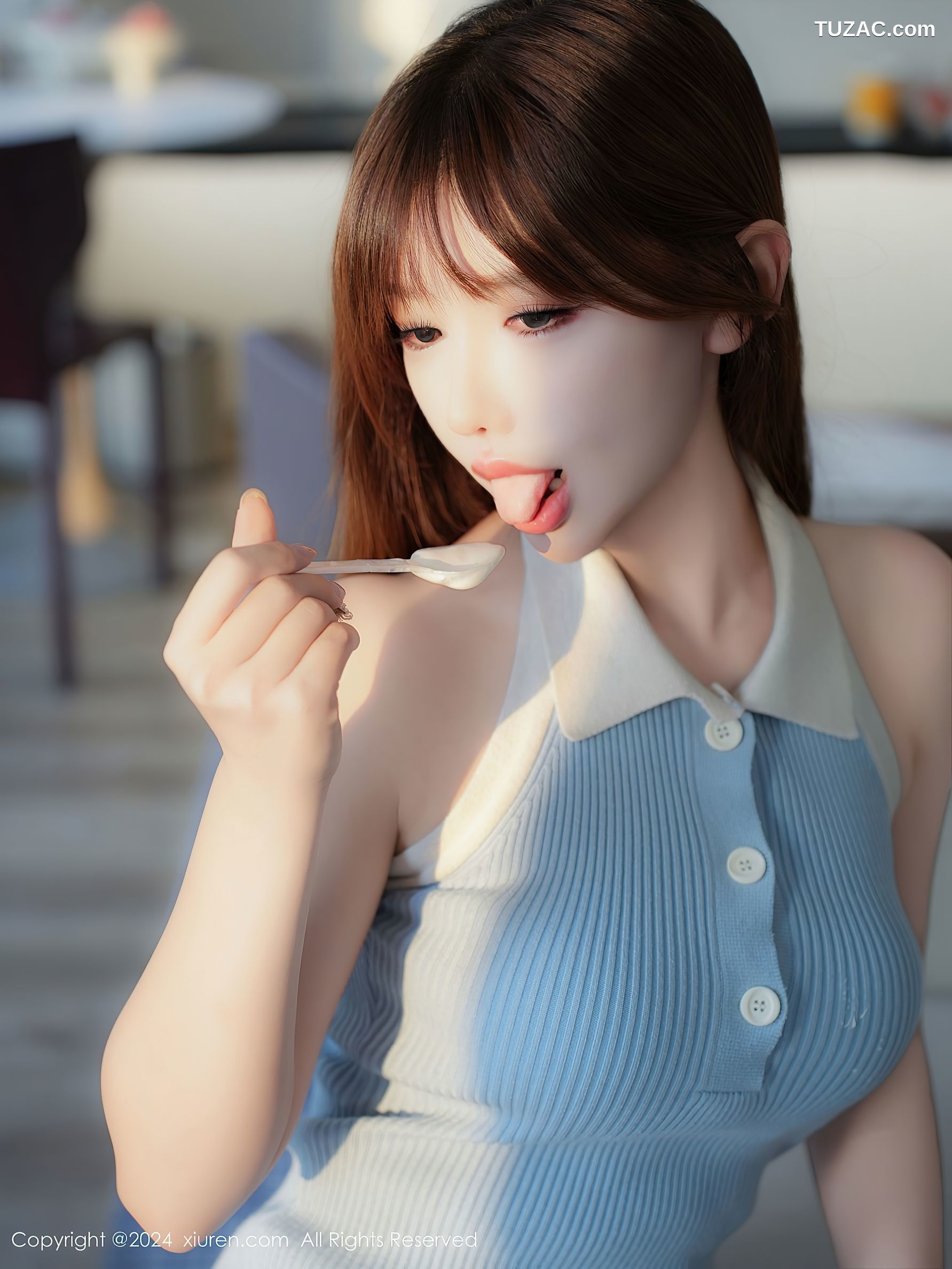 XiuRen秀人网-9458-李金金-气质美女蓝针织连衣短裙白蕾丝内衣白丝奶油爆乳-2024.11.18