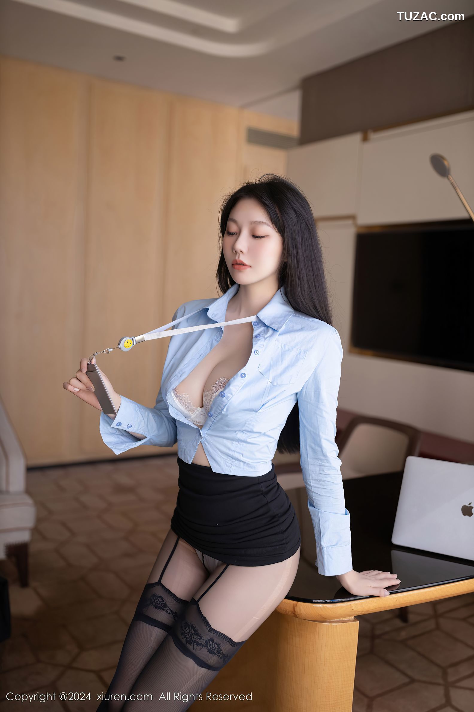 XiuRen秀人网-9469-安然anran-OL蓝衬衫黑短裙白内衣黑丝-2024.11.19