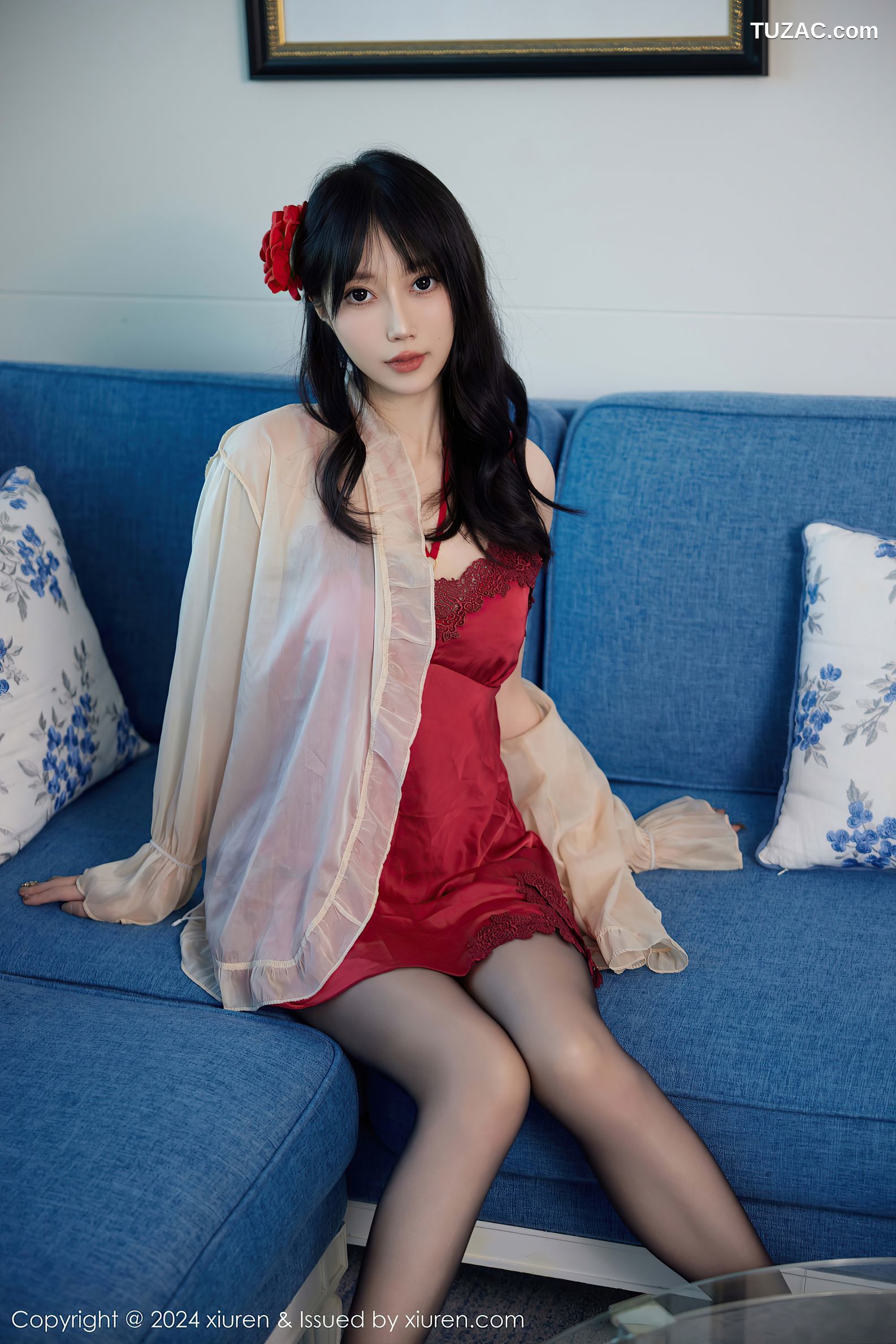 XiuRen秀人网-9488-玥儿玥er-红色睡裙红色内衣黑丝-2024.11.22